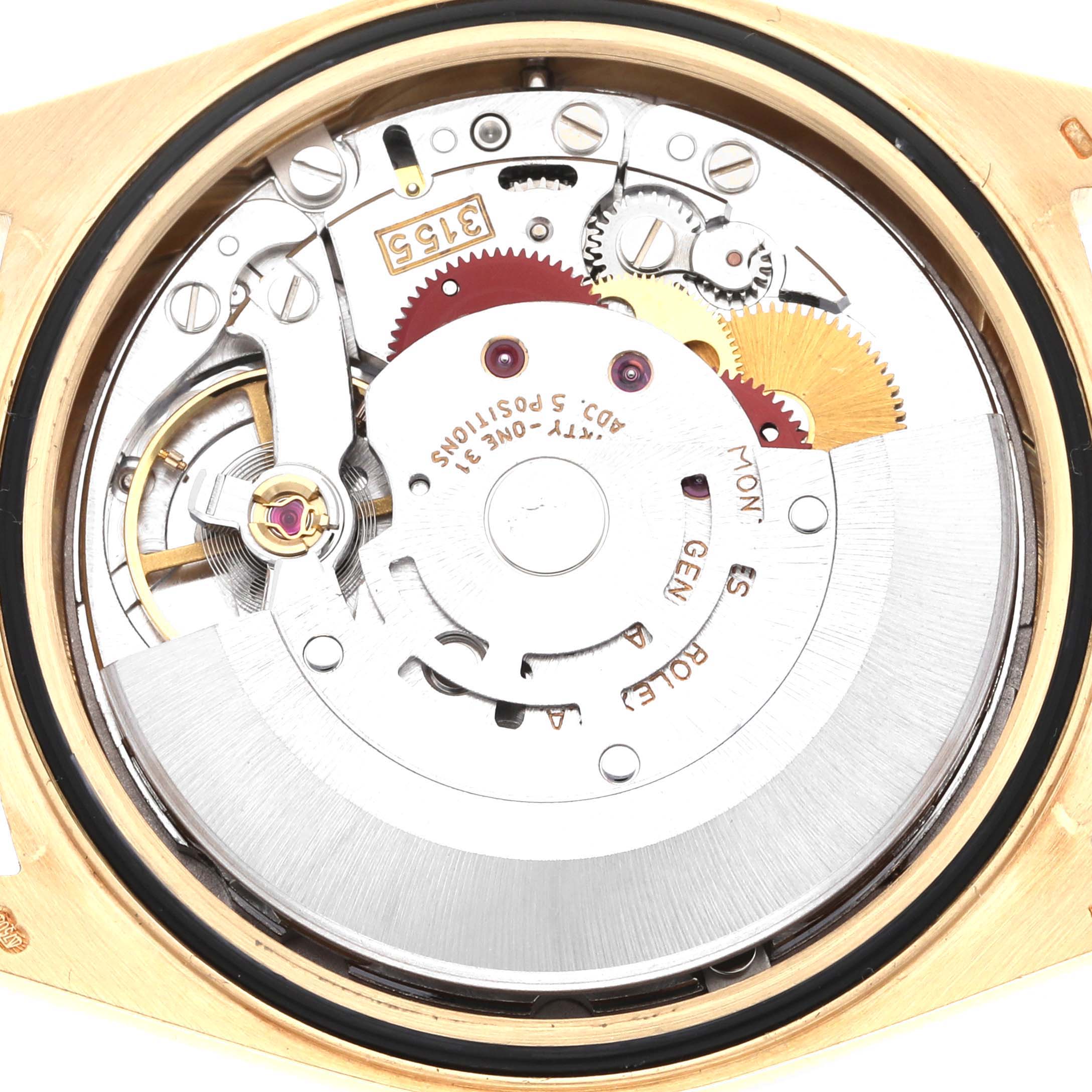 This image shows the internal mechanical movement of a Rolex President 18238 Men
s Yellow Gold Champagne Dial 18238 Men
s Yellow Gold Champagne Dial model watch viewed from the backside.