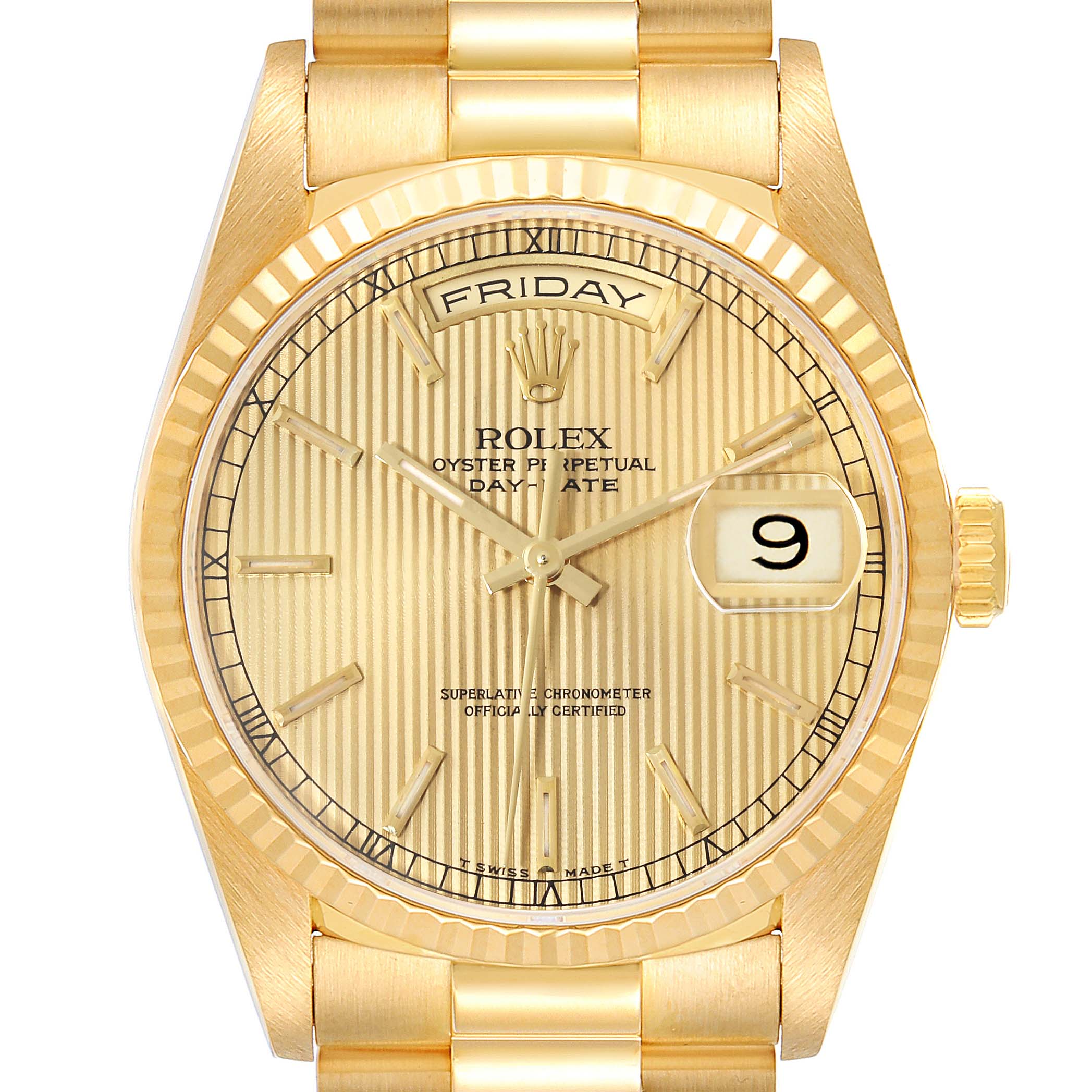 This is a front view of the Rolex President 18238 Men
s Yellow Gold Champagne Dial 18238 Men
s Yellow Gold Champagne Dial model watch, showcasing its gold case, fluted bezel, dial, and bracelet.