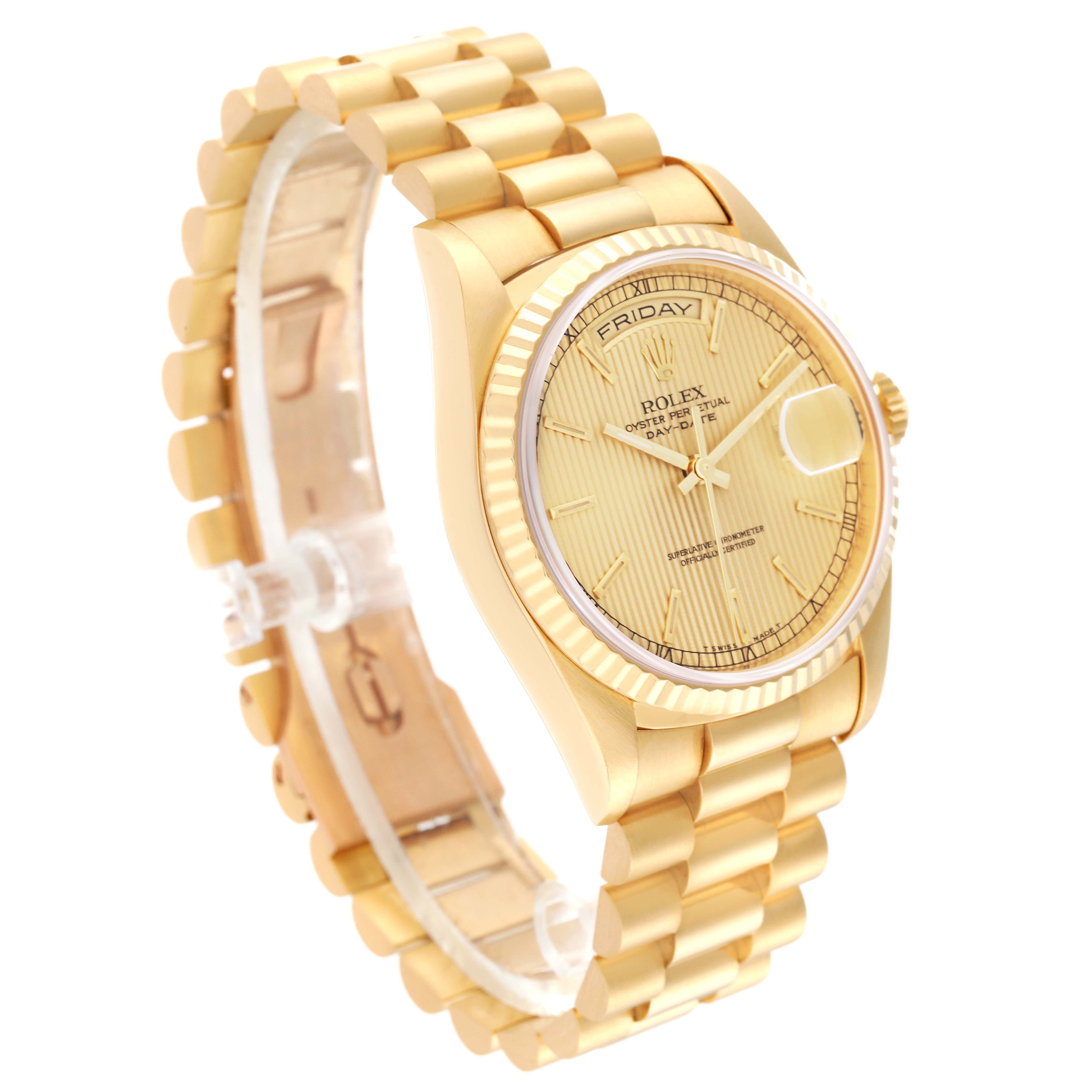 The Rolex President 18238 Men
s Yellow Gold Champagne Dial 18238 Men
s Yellow Gold Champagne Dial model watch is shown at an angled view, displaying the gold band, dial, bezel, and crown.