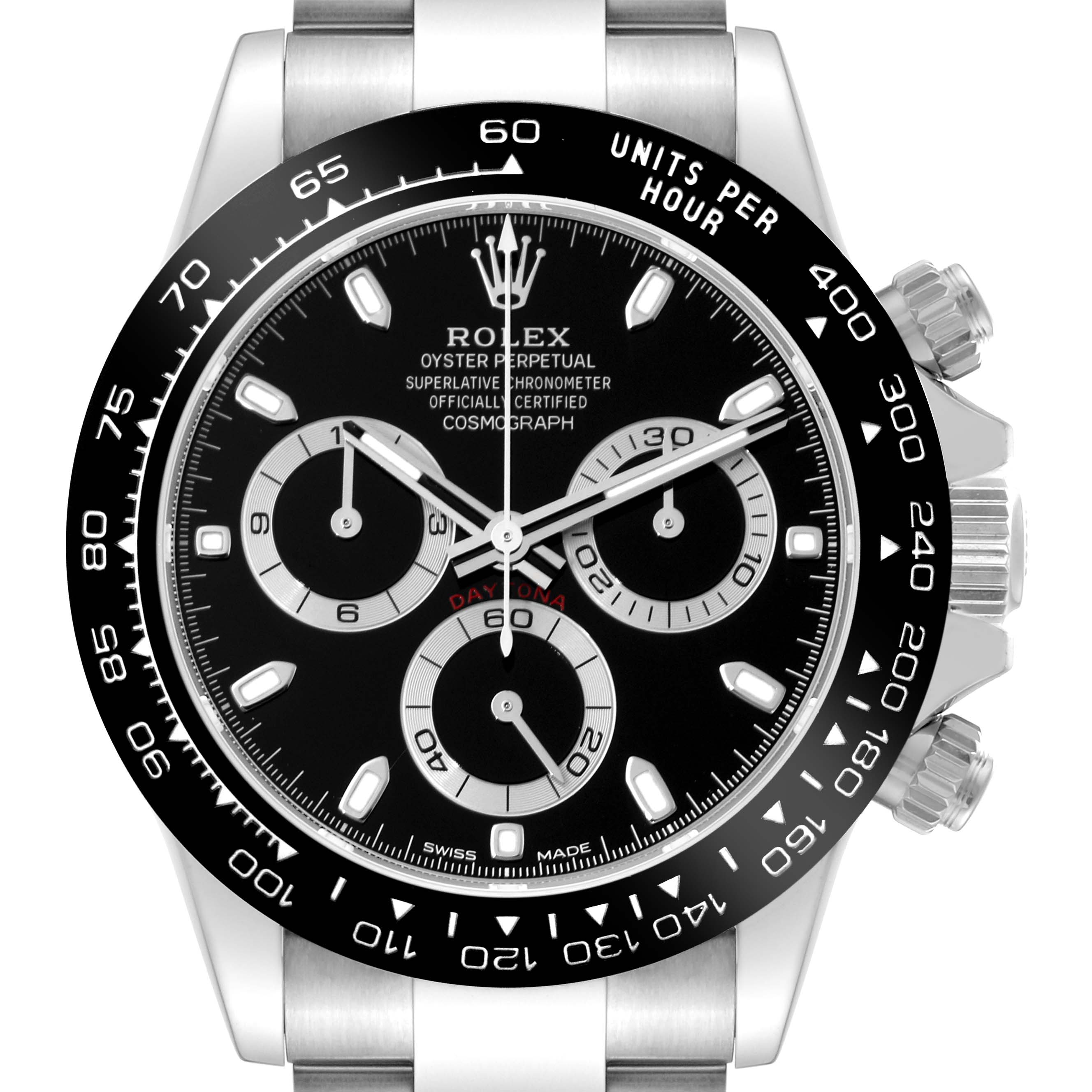 This image shows a front view of the Rolex Daytona 116500LN Men's Stainless Steel Black Dial 116500LN Men's Stainless Steel Black Dial watch, highlighting its black dial, chronograph sub-dials, and tachymeter bezel.