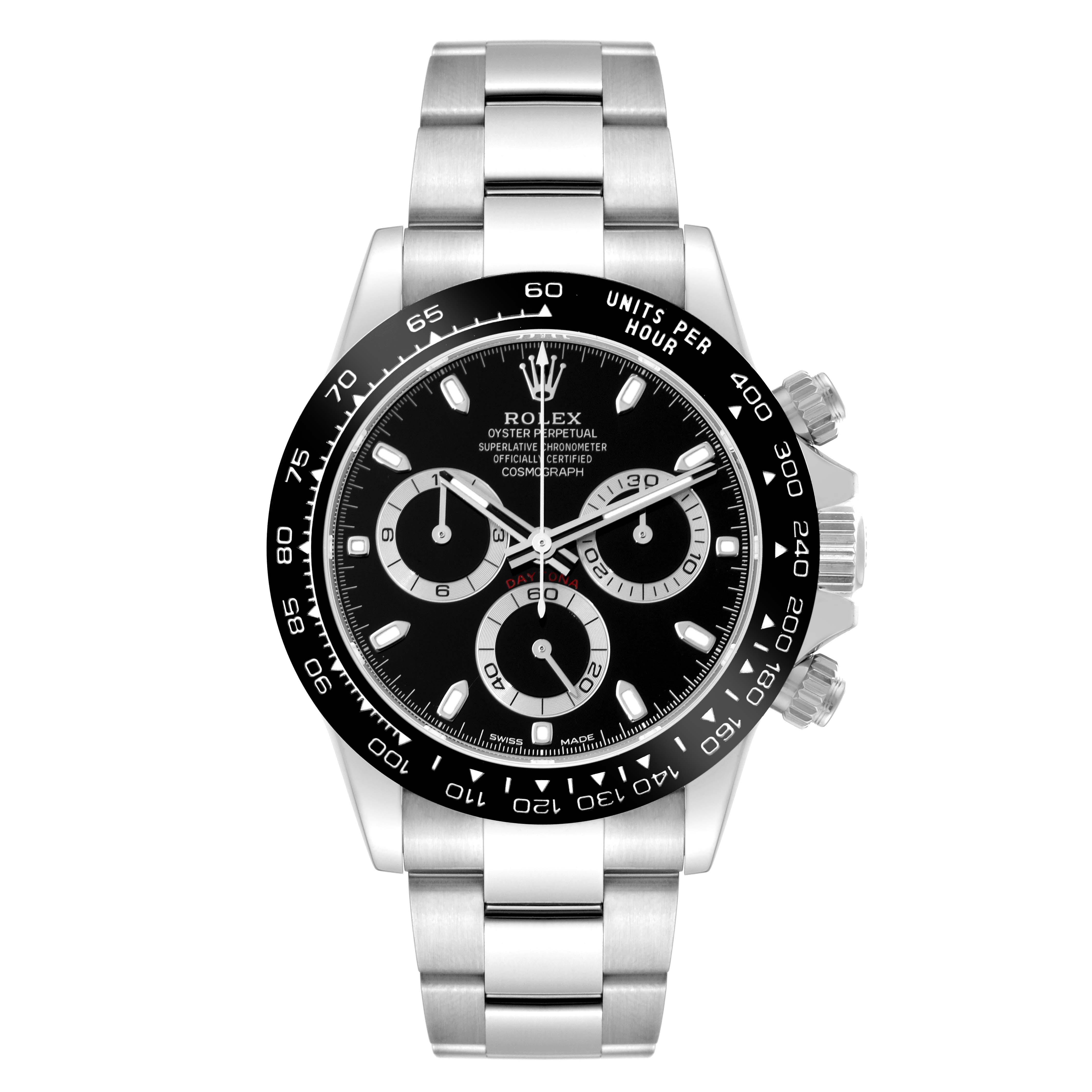 The Rolex Daytona 116500LN Men's Stainless Steel Black Dial 116500LN Men's Stainless Steel Black Dial watch is shown from a front angle, highlighting its black dial, three sub-dials, bezel, and stainless steel bracelet.