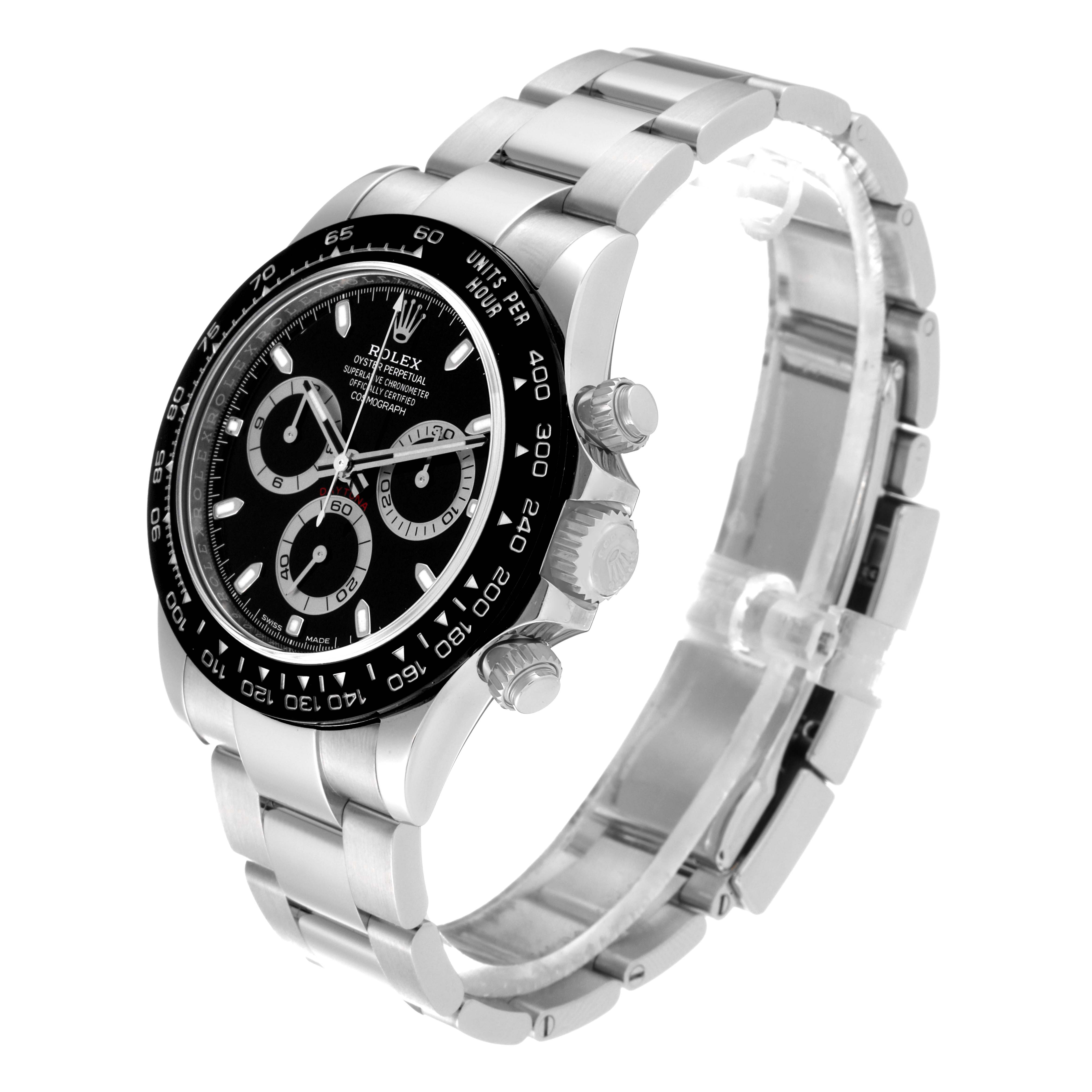 The image shows a side view of the Rolex Daytona 116500LN Men's Stainless Steel Black Dial 116500LN Men's Stainless Steel Black Dial watch, highlighting its face, bezel, and bracelet.