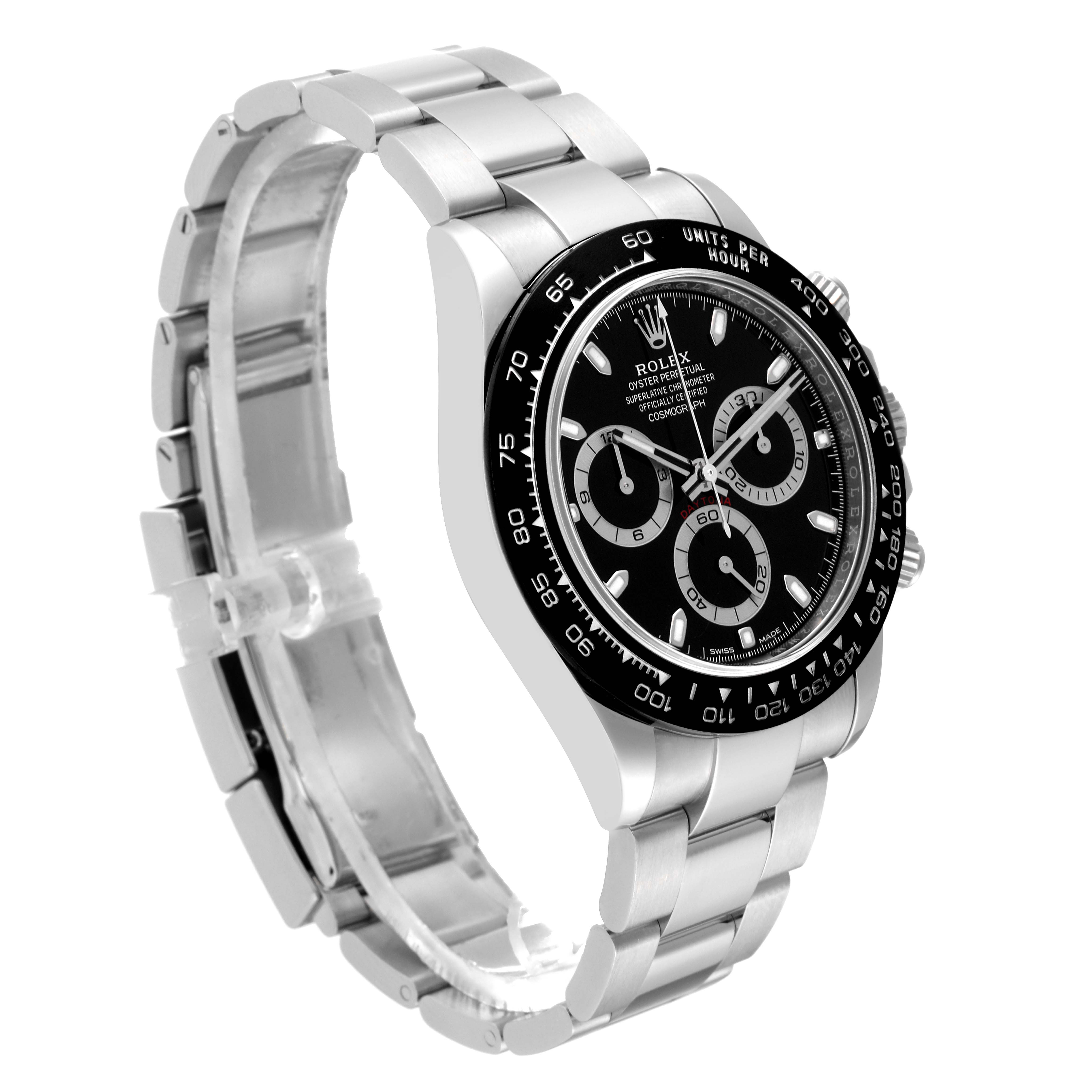 This image shows the Rolex Daytona 116500LN Men's Stainless Steel Black Dial 116500LN Men's Stainless Steel Black Dial watch from an angled side view, displaying the bracelet and detailed watch face.