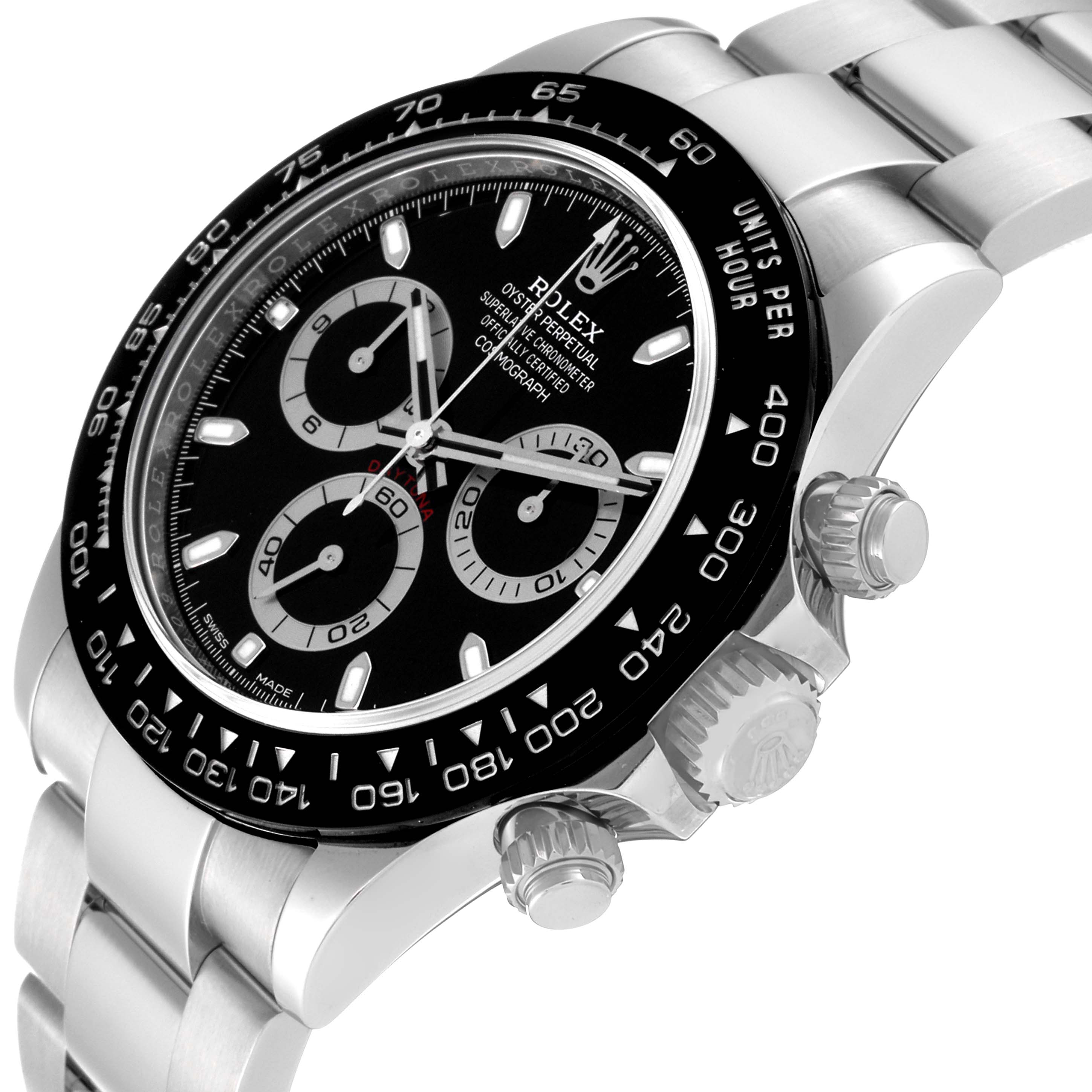 The image shows a side angle view of the Rolex Daytona 116500LN Men's Stainless Steel Black Dial 116500LN Men's Stainless Steel Black Dial watch, highlighting the bezel, crown, pushers, and part of the bracelet.