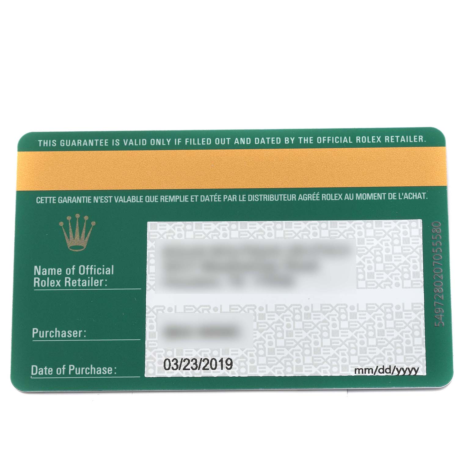 This image shows a warranty card for a Rolex Daytona 116500LN Men's Stainless Steel Black Dial 116500LN Men's Stainless Steel Black Dial watch, detailing the official retailer, purchaser, and date of purchase.