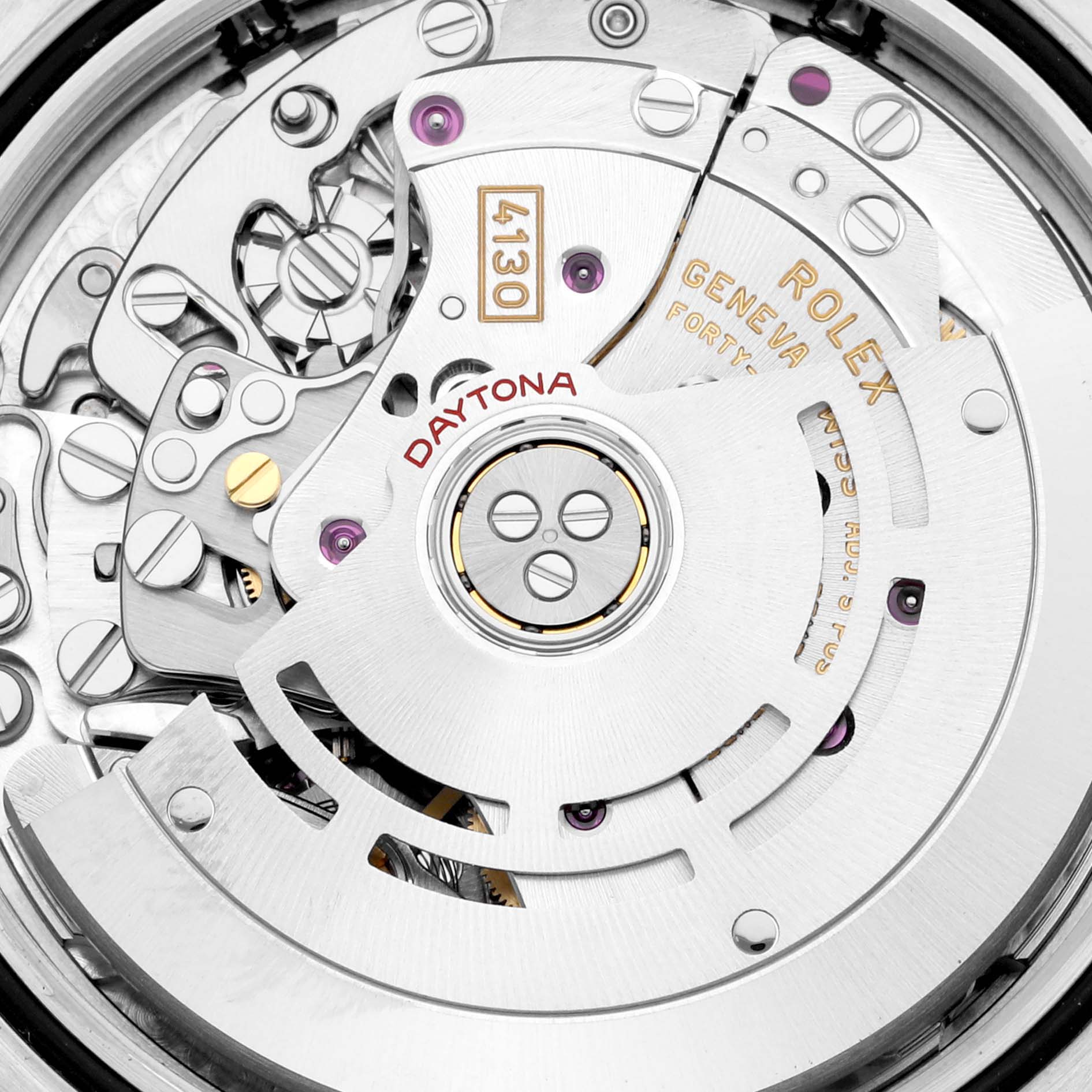 This is a close-up view of the internal mechanism of a Rolex Daytona 116500LN Men's Stainless Steel Black Dial 116500LN Men's Stainless Steel Black Dial watch, showcasing the movement and intricate components.