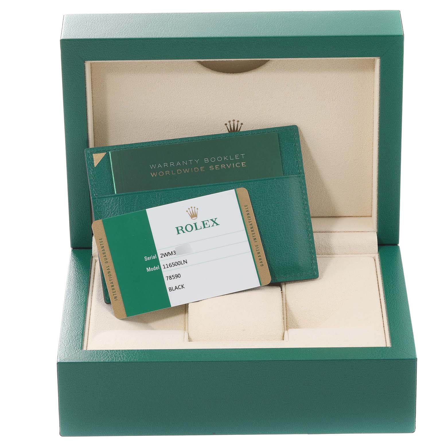 The image shows a Rolex Daytona 116500LN Men's Stainless Steel Black Dial 116500LN Men's Stainless Steel Black Dial watch box, warranty booklet, and identification card from a top angle.