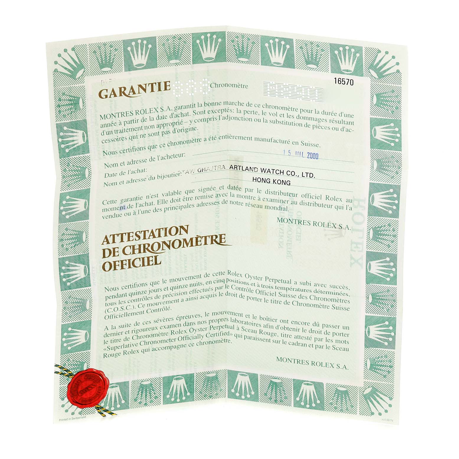 This image shows a warranty certificate for a Rolex Explorer 16570 Men
s Stainless Steel White Dial 16570 Men
s Stainless Steel White Dial watch, laid flat and printed mostly in French.