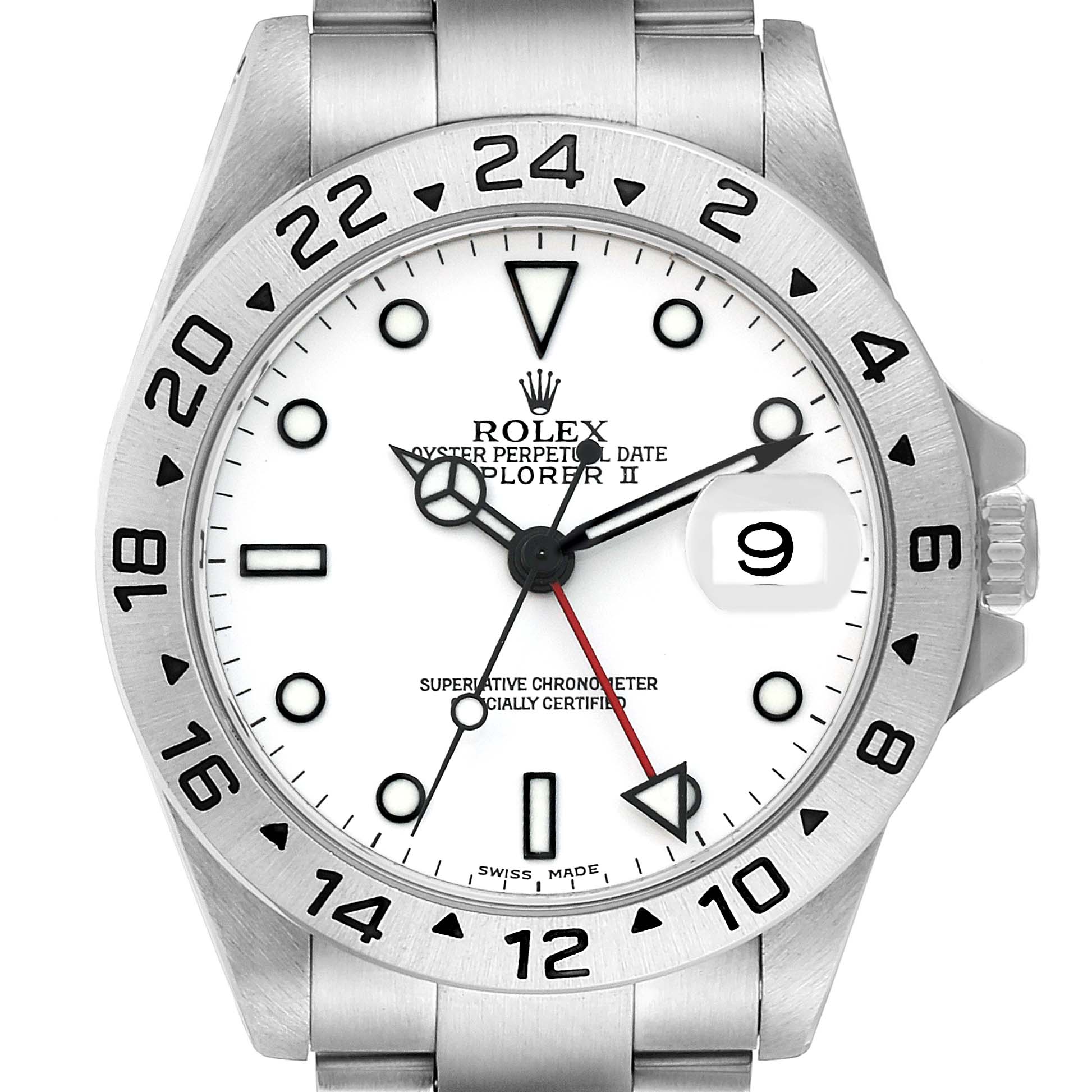 This image shows a front view of the Rolex Explorer 16570 Men
s Stainless Steel White Dial 16570 Men
s Stainless Steel White Dial watch, highlighting the dial, bezel, and part of the bracelet.
