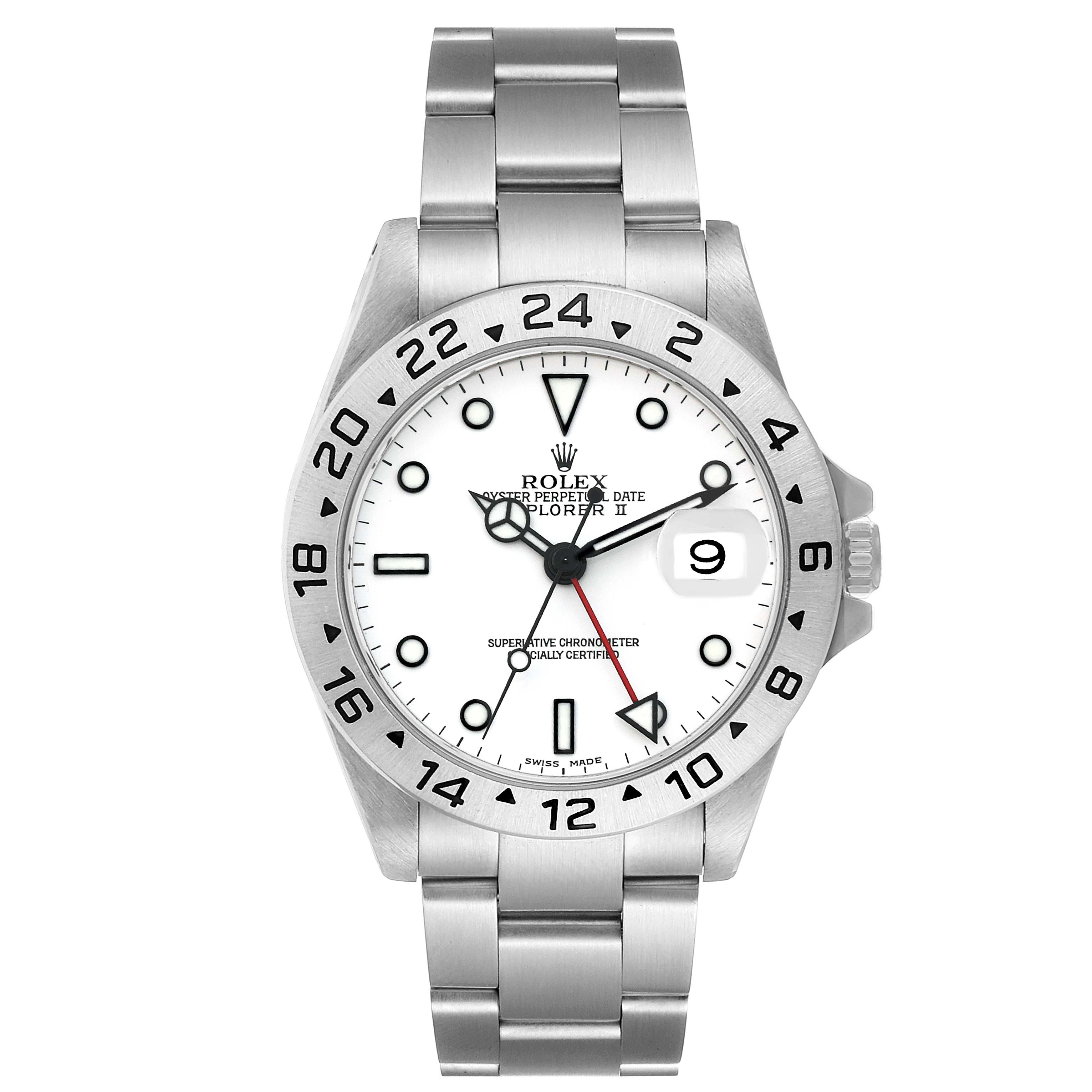 This image shows a front view of a Rolex Explorer 16570 Men
s Stainless Steel White Dial 16570 Men
s Stainless Steel White Dial watch, displaying the face, bezel, hands, and stainless steel bracelet.