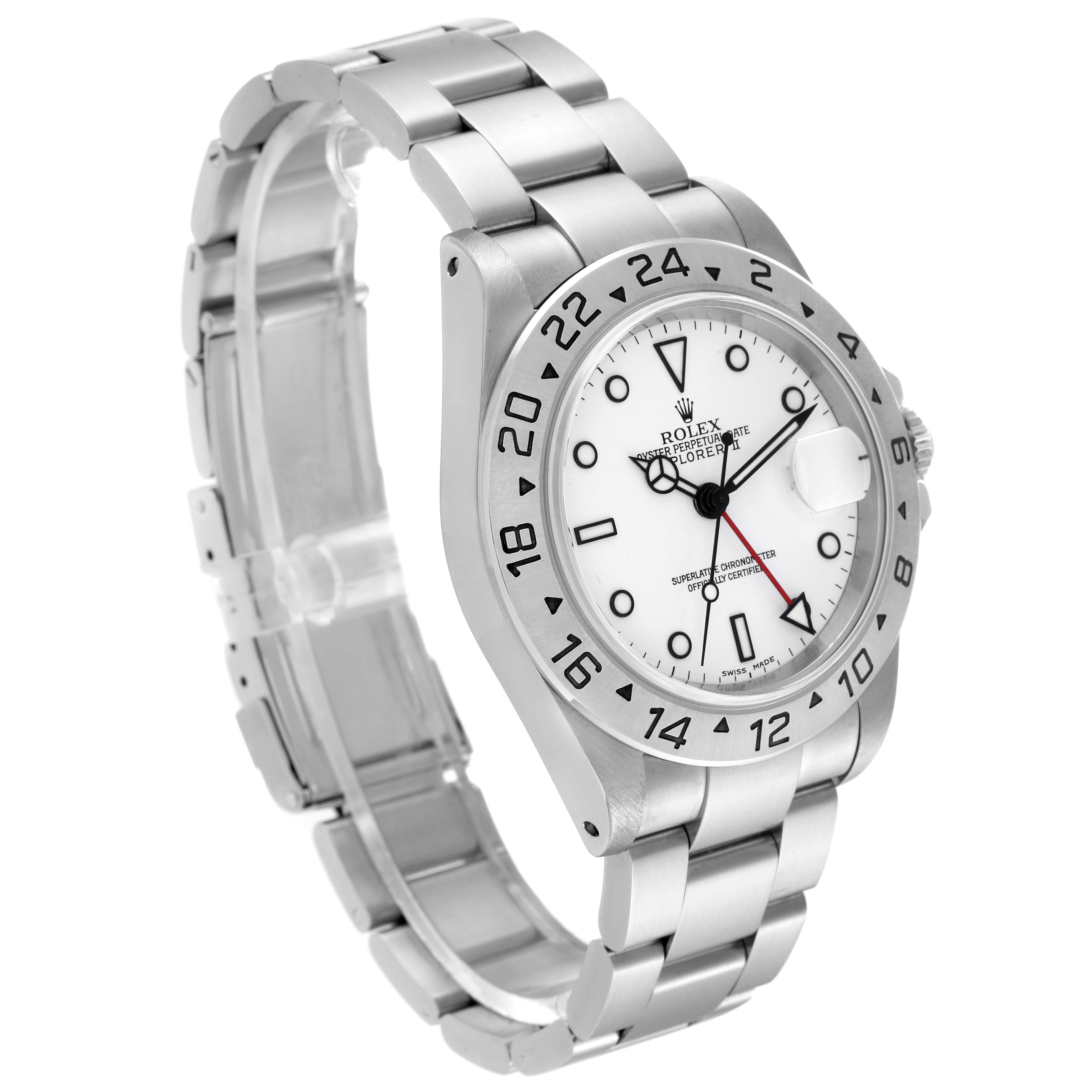 This image shows a side angle of a Rolex Explorer 16570 Men
s Stainless Steel White Dial 16570 Men
s Stainless Steel White Dial watch, highlighting its dial, bezel, and bracelet.