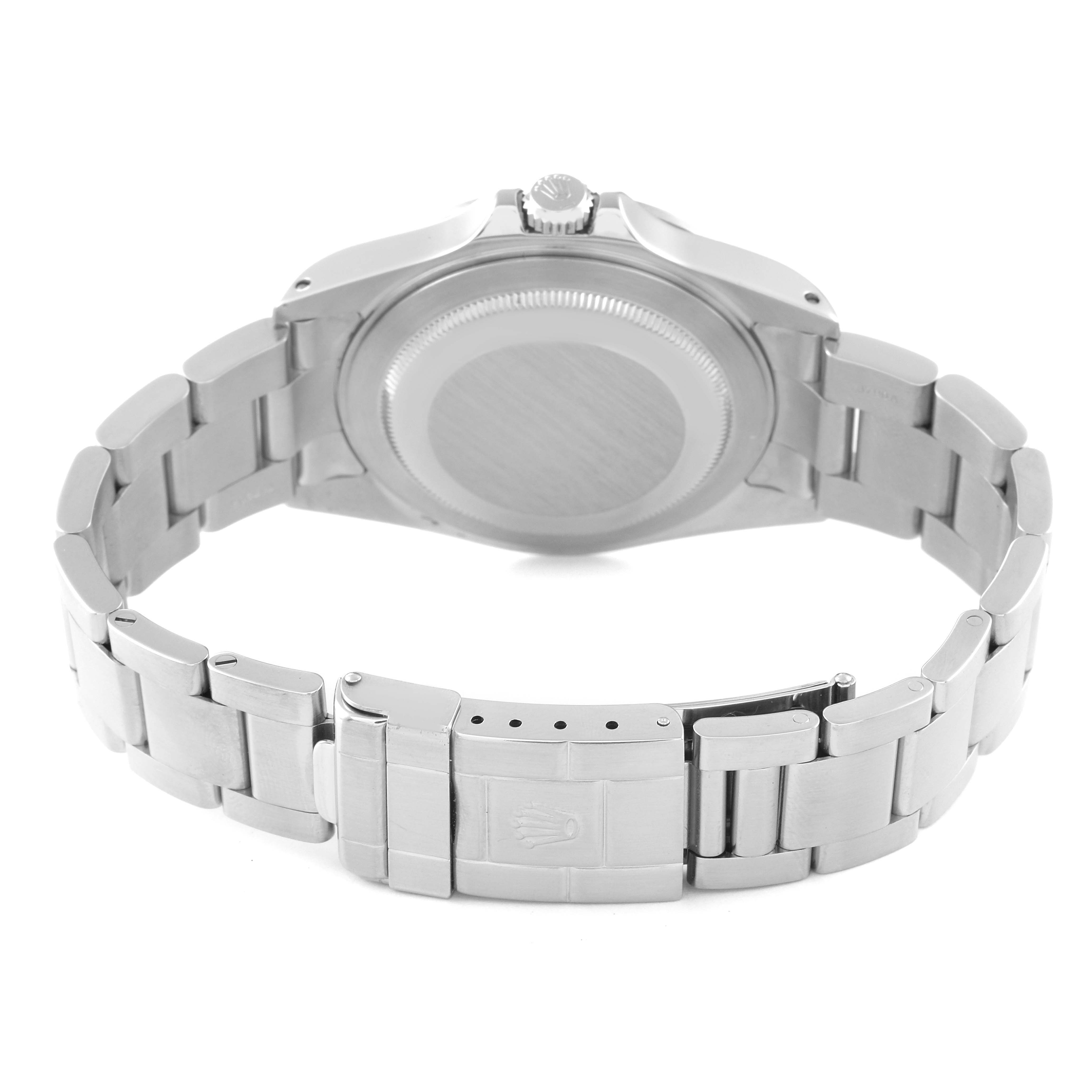 The image shows the back view, clasp, and bracelet of the Rolex Explorer 16570 Men
s Stainless Steel White Dial 16570 Men
s Stainless Steel White Dial watch.