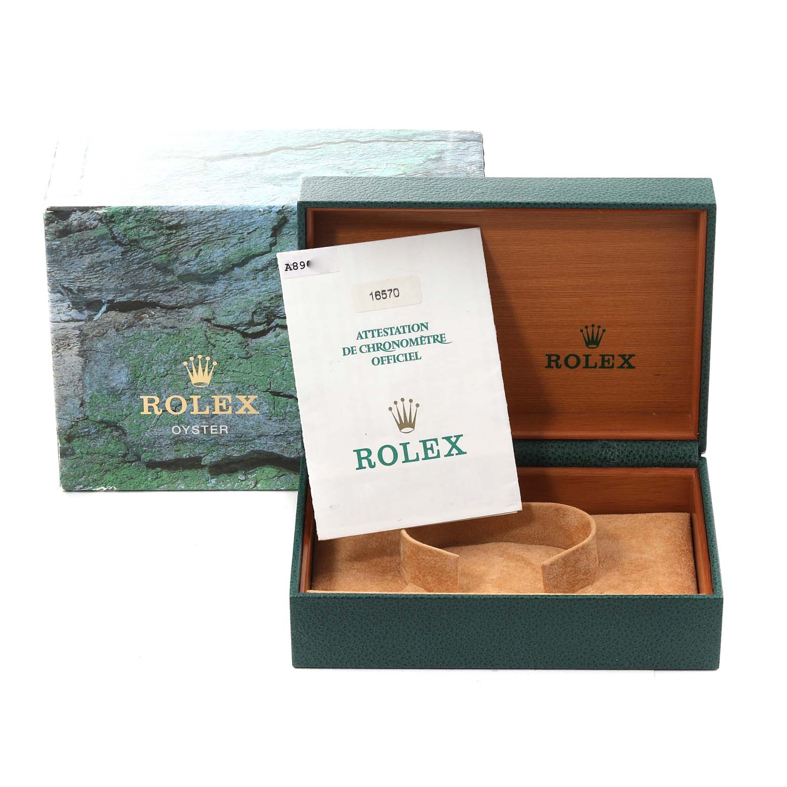 The image shows a Rolex Explorer 16570 Men
s Stainless Steel White Dial 16570 Men
s Stainless Steel White Dial watch box with its outer cover and official chronometer certificate placed inside.