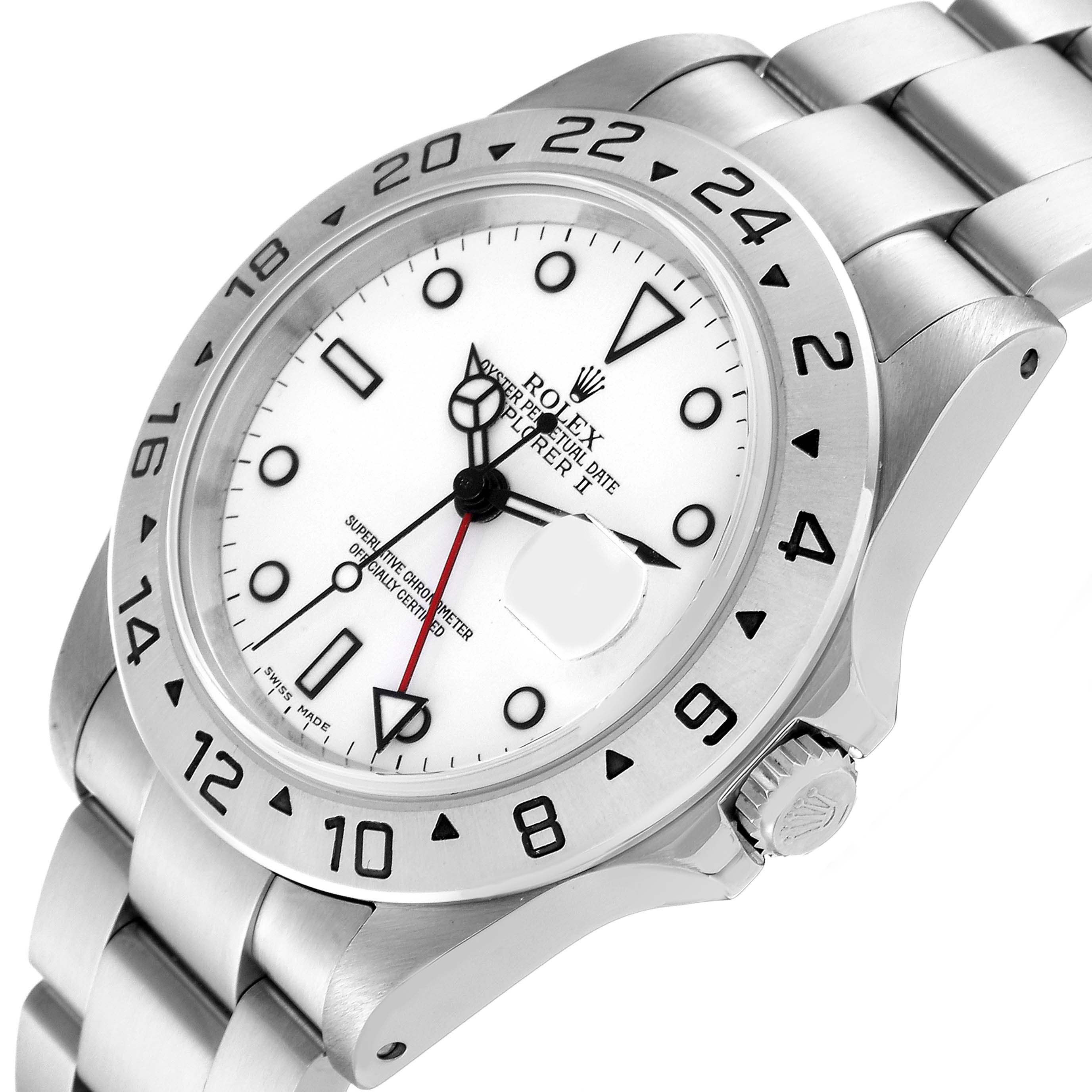 The image shows a Rolex Explorer 16570 Men
s Stainless Steel White Dial 16570 Men
s Stainless Steel White Dial watch at an angled view, displaying the dial, bezel, crown, and part of the bracelet.