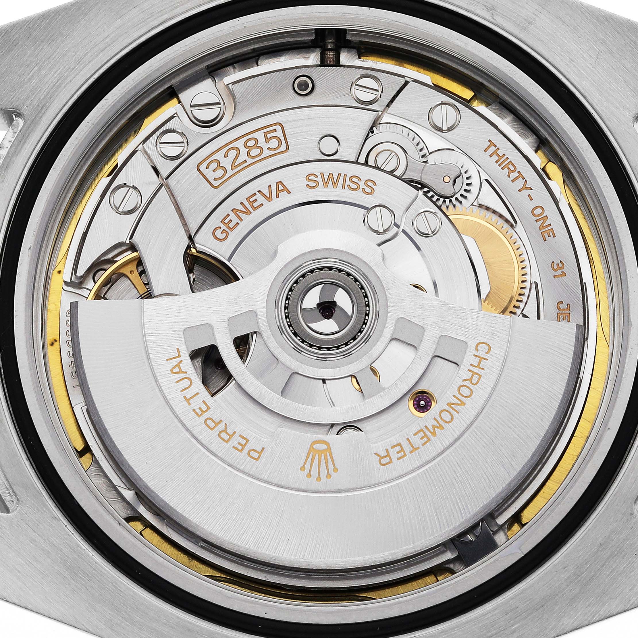 This image shows a close-up of the movement and inner mechanism of a Rolex Explorer 226570 Men's Stainless Steel White Dial 226570 Men's Stainless Steel White Dial watch.