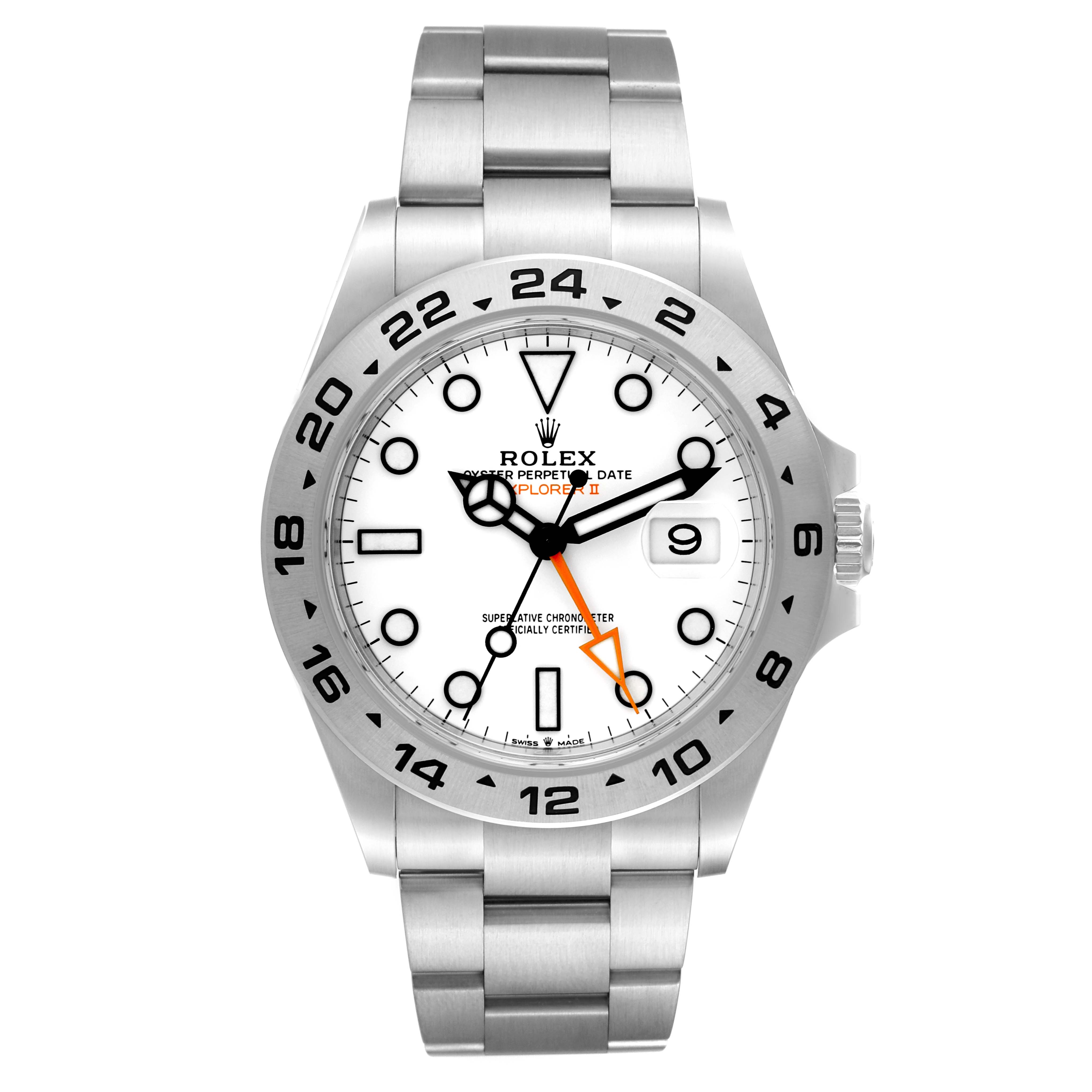 This image shows a front view of a Rolex Explorer 226570 Men's Stainless Steel White Dial 226570 Men's Stainless Steel White Dial watch, highlighting the face, bezel, crown, and bracelet.