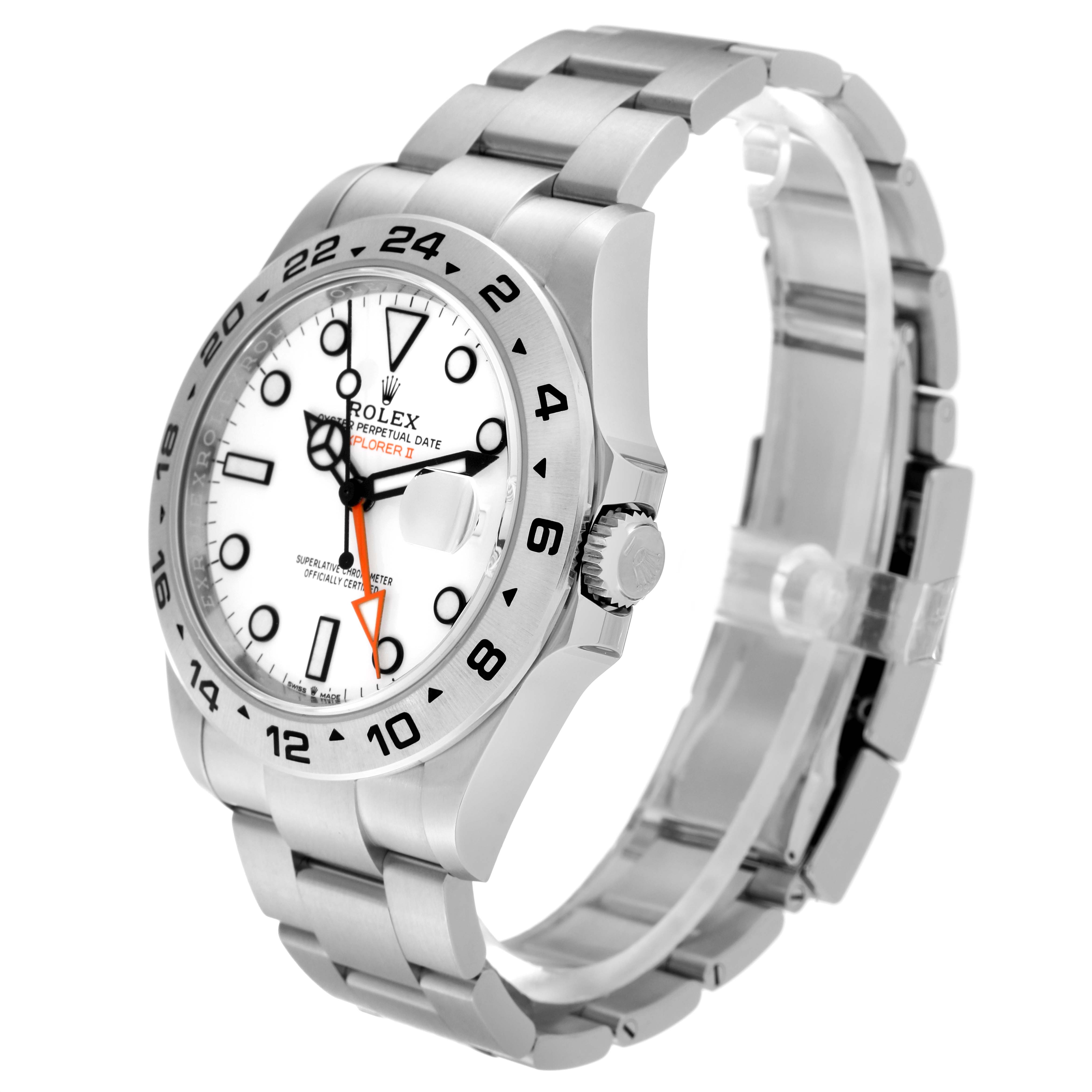 This image shows a side angle of a Rolex Explorer 226570 Men's Stainless Steel White Dial 226570 Men's Stainless Steel White Dial model watch, highlighting the dial, bezel, crown, and bracelet.