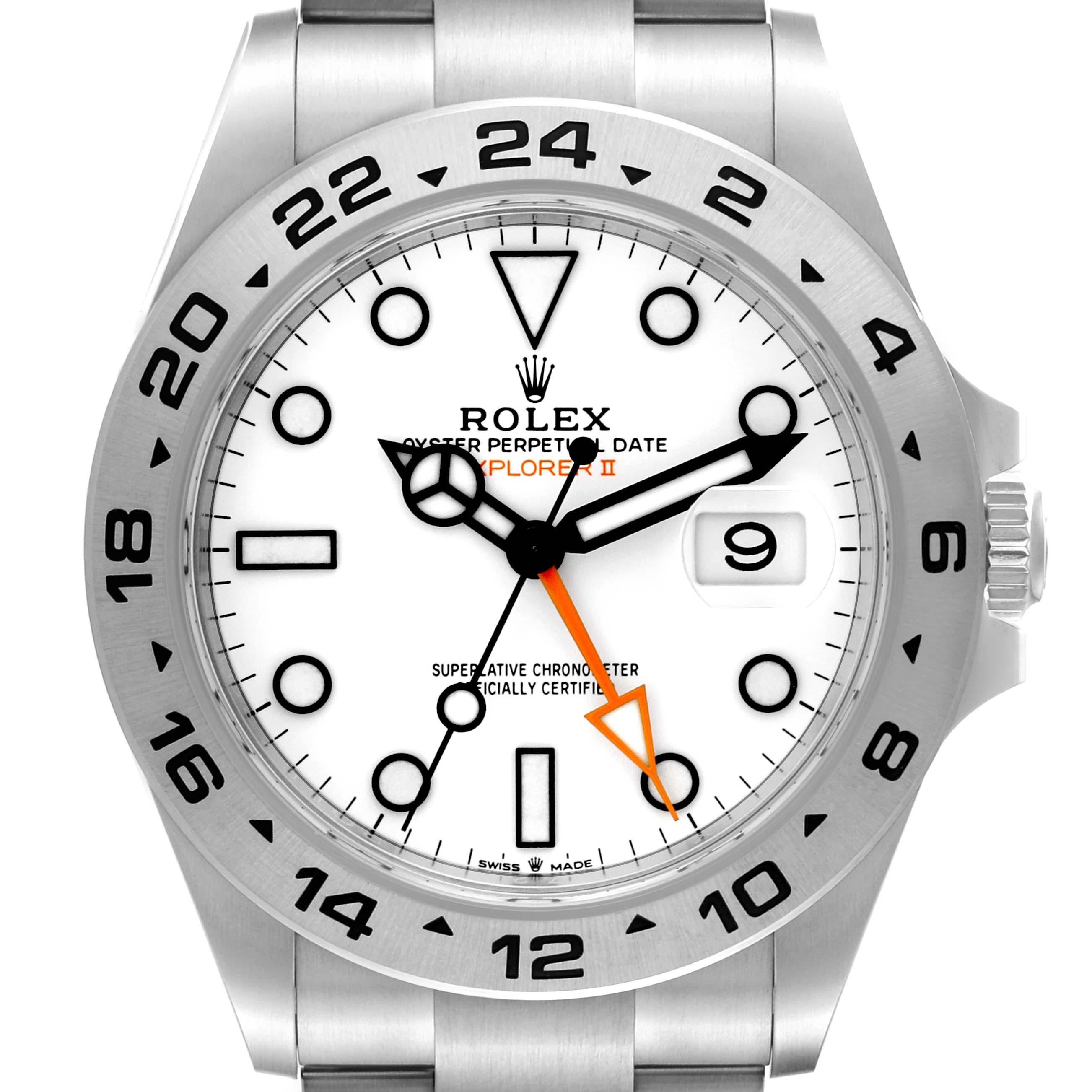 The image shows a front view of the Rolex Explorer 226570 Men's Stainless Steel White Dial 226570 Men's Stainless Steel White Dial watch, highlighting its white dial, black hour markers, and date function.