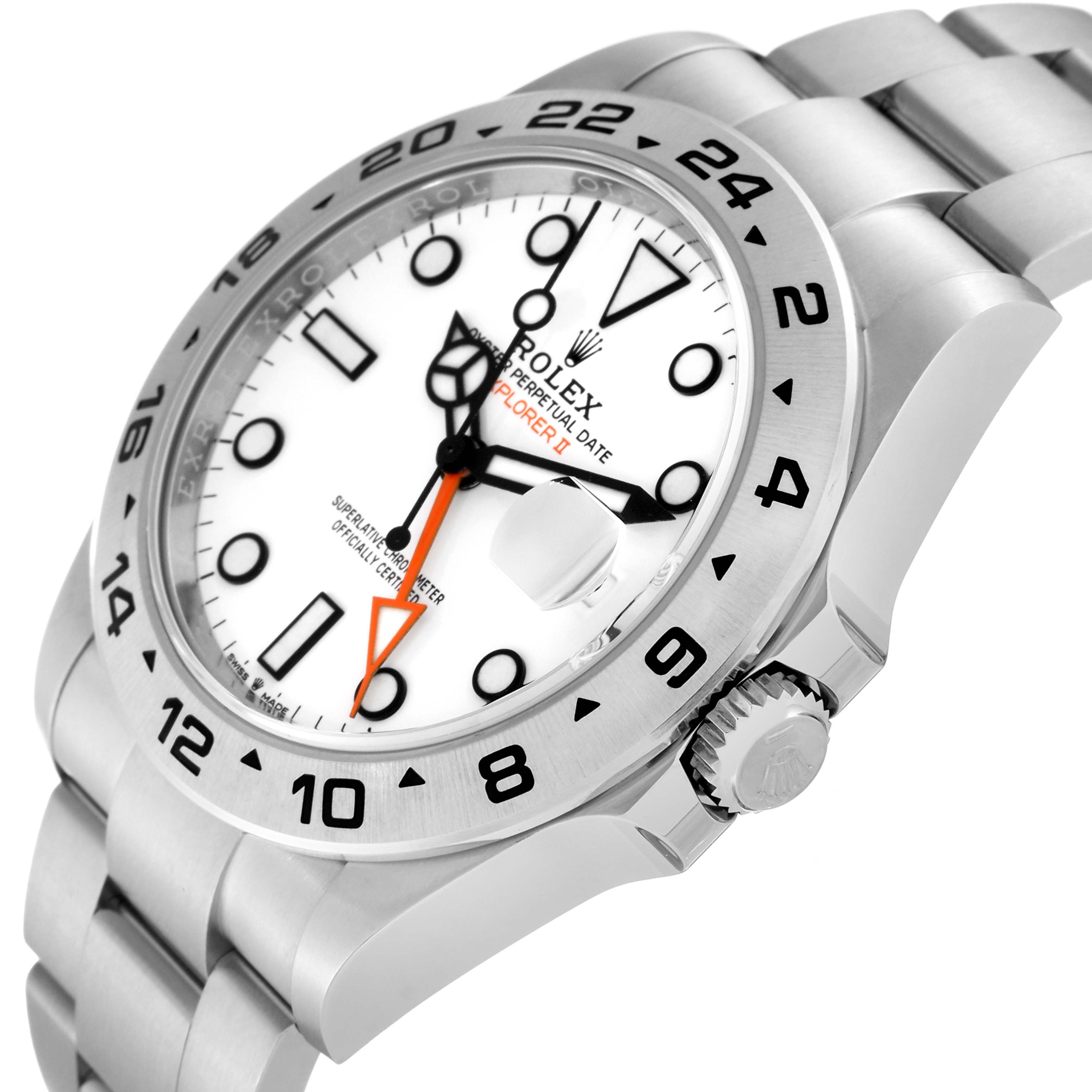 This is a close-up angle of a Rolex Explorer 226570 Men's Stainless Steel White Dial 226570 Men's Stainless Steel White Dial showing the bezel, dial, hands, bracelet, and crown.