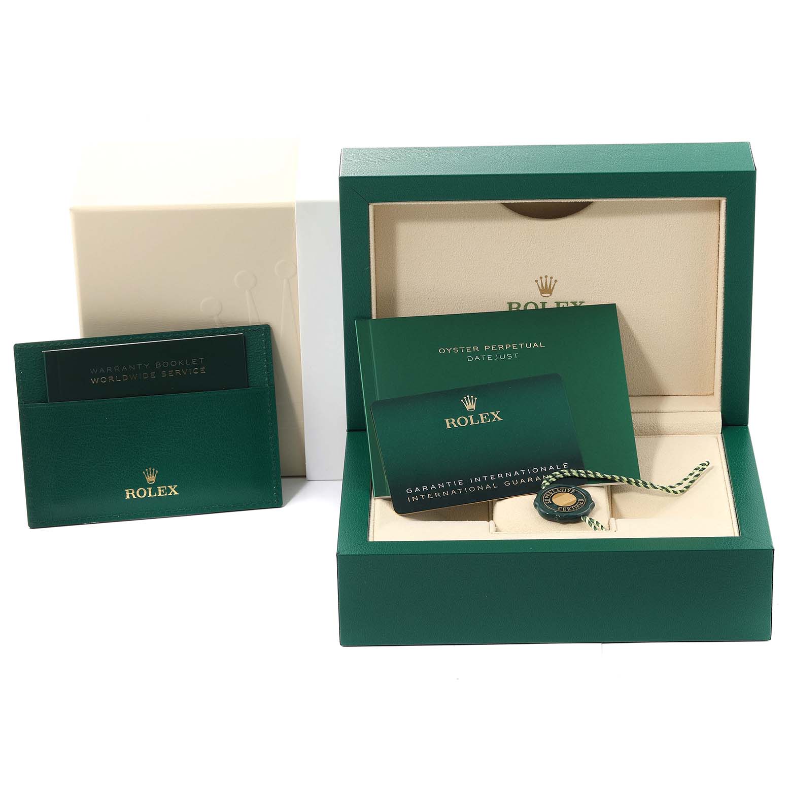 The image shows a Rolex Explorer 226570 Men's Stainless Steel White Dial 226570 Men's Stainless Steel White Dial box, with booklets, a warranty card, and a tag at an angled view.