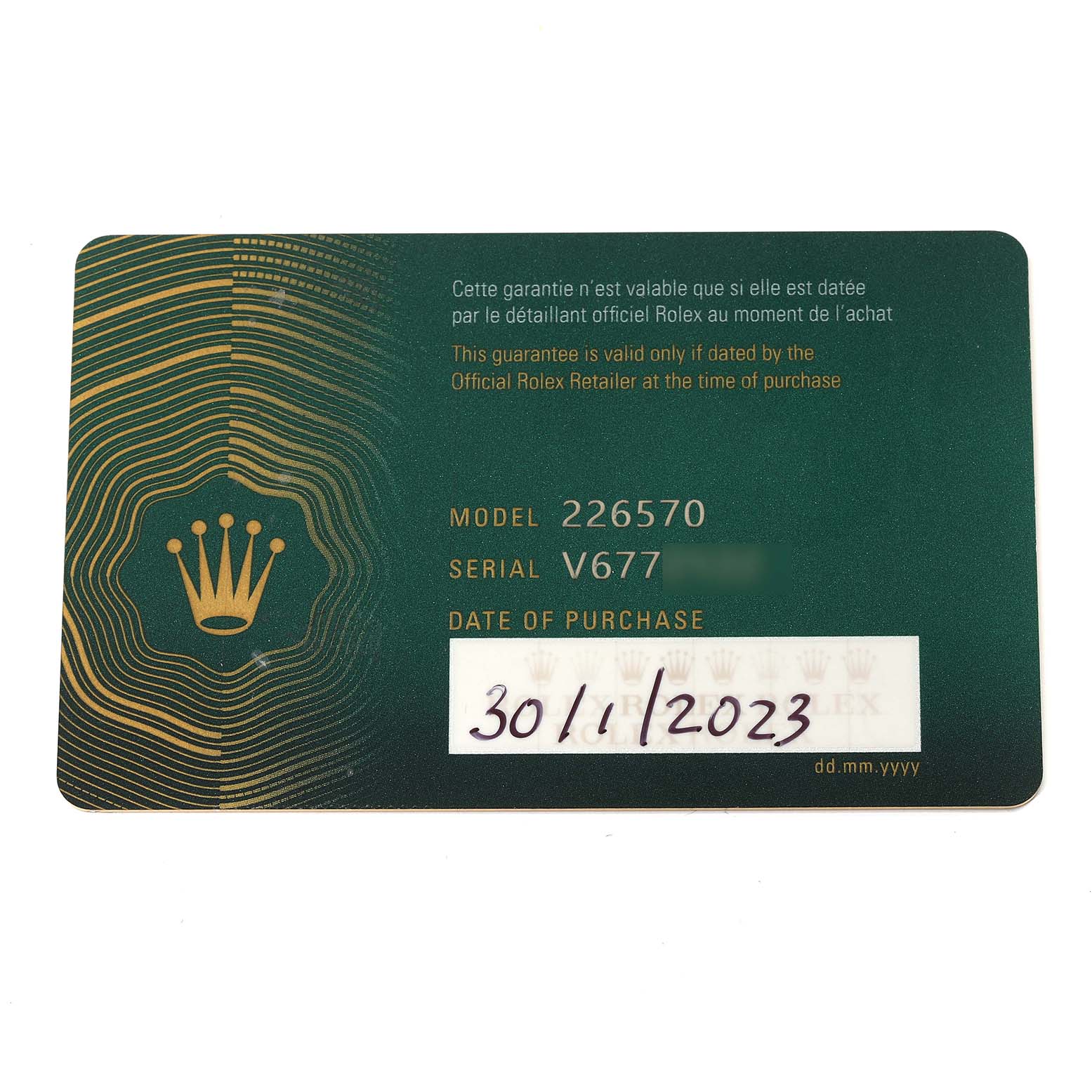 The image shows a warranty card for a Rolex Explorer 226570 Men's Stainless Steel White Dial 226570 Men's Stainless Steel White Dial model 226570, featuring serial number and purchase date details.