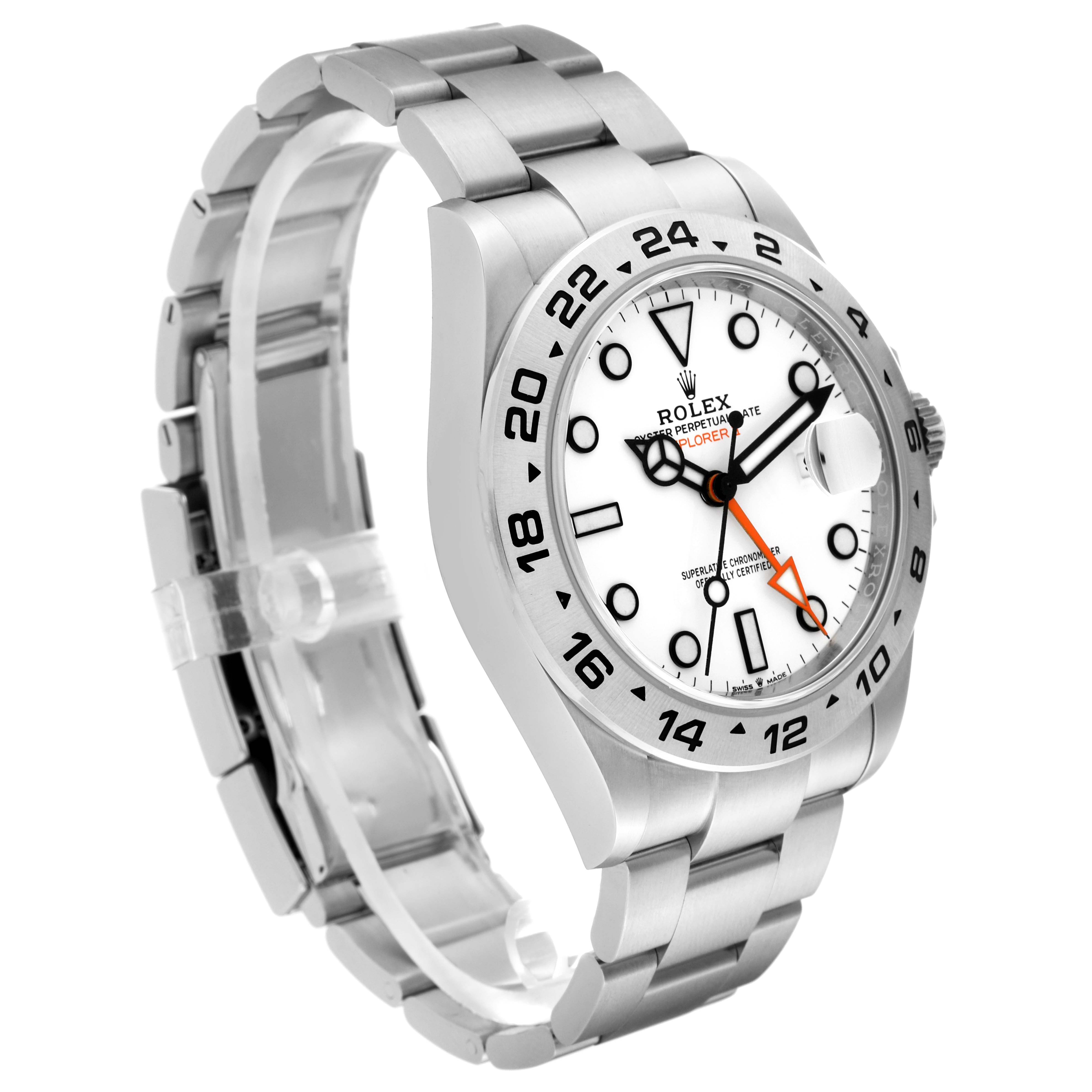 This image shows a Rolex Explorer 226570 Men's Stainless Steel White Dial 226570 Men's Stainless Steel White Dial watch taken from a front angle, displaying its face, bezel, and metal bracelet.