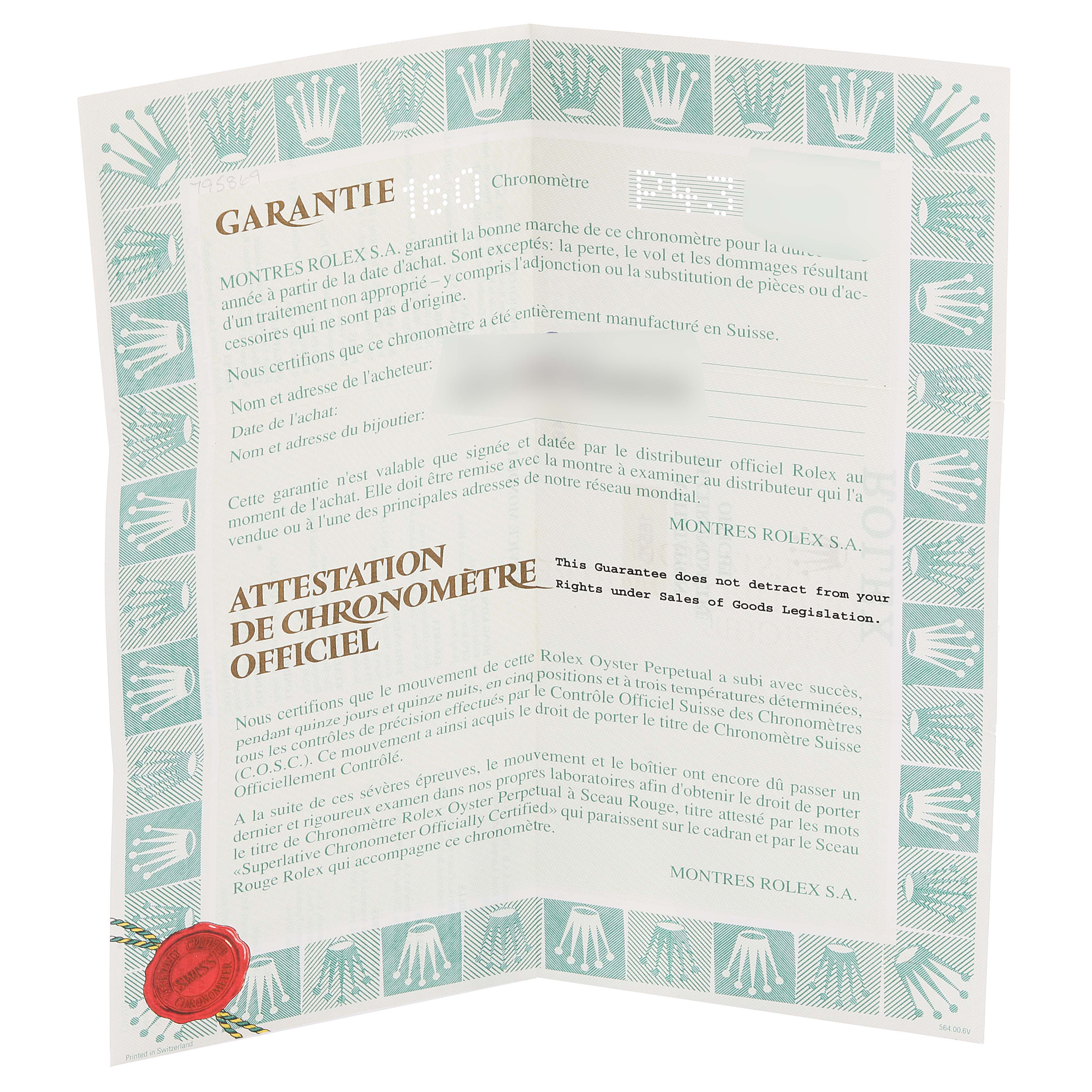 This image shows the warranty and chronometer certification booklet for the Rolex Explorer 16570 Men
s Stainless Steel Black Dial 16570 Men
s Stainless Steel Black Dial model.