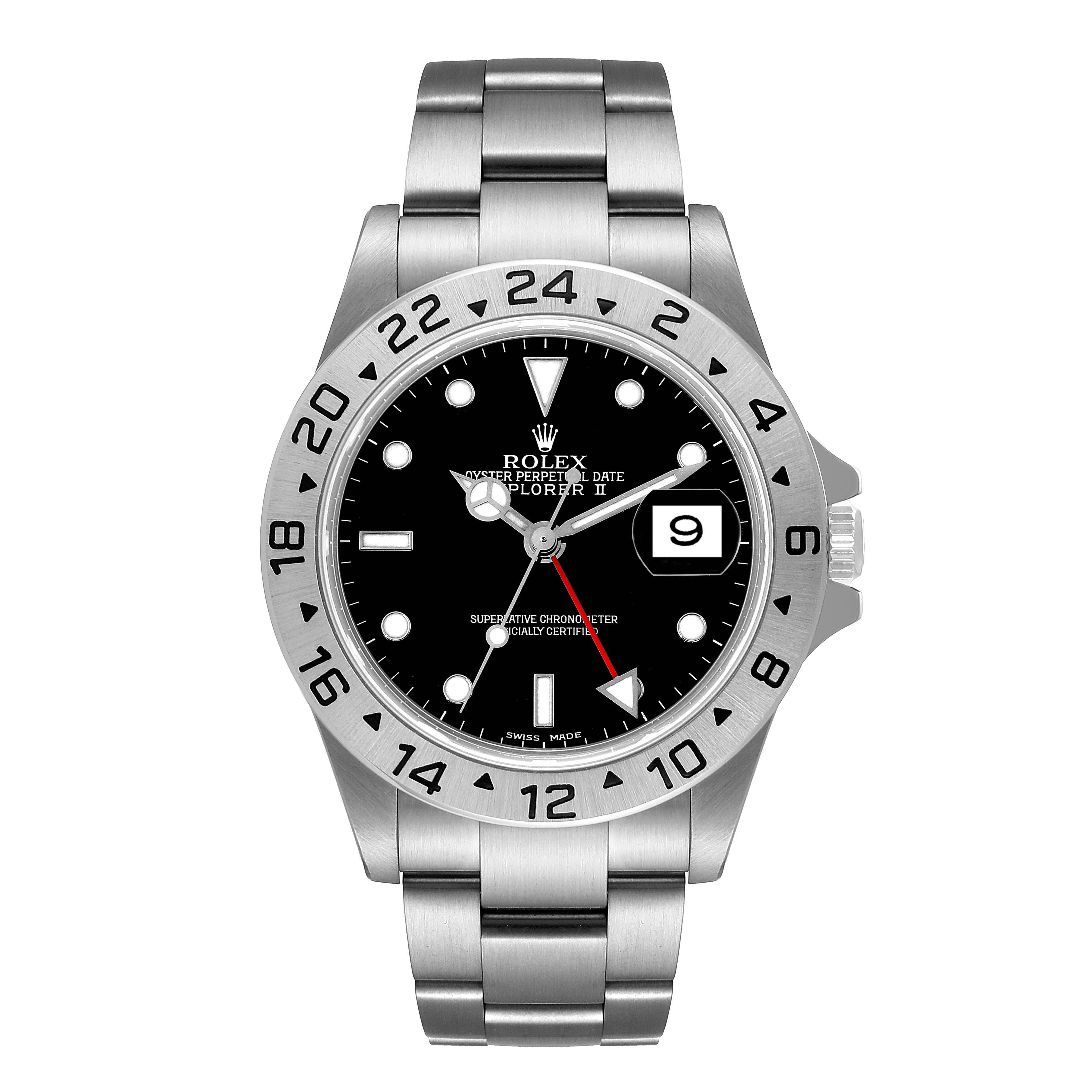 The image shows a front view of the Rolex Explorer 16570 Men
s Stainless Steel Black Dial 16570 Men
s Stainless Steel Black Dial watch, displaying the dial, bezel, hands, and bracelet.