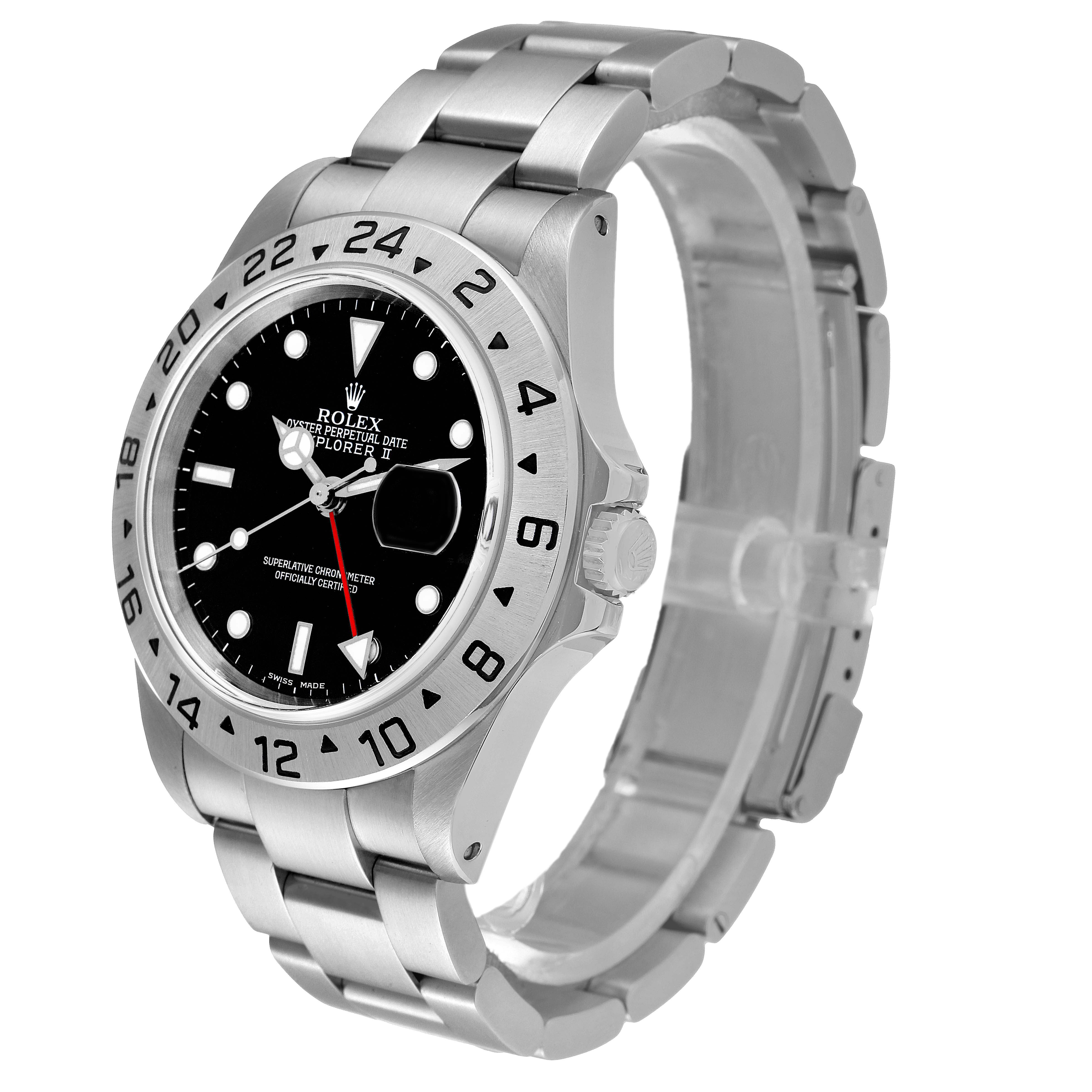 The Rolex Explorer 16570 Men
s Stainless Steel Black Dial 16570 Men
s Stainless Steel Black Dial watch is shown at an angle highlighting the face, bezel, crown, and metal bracelet.