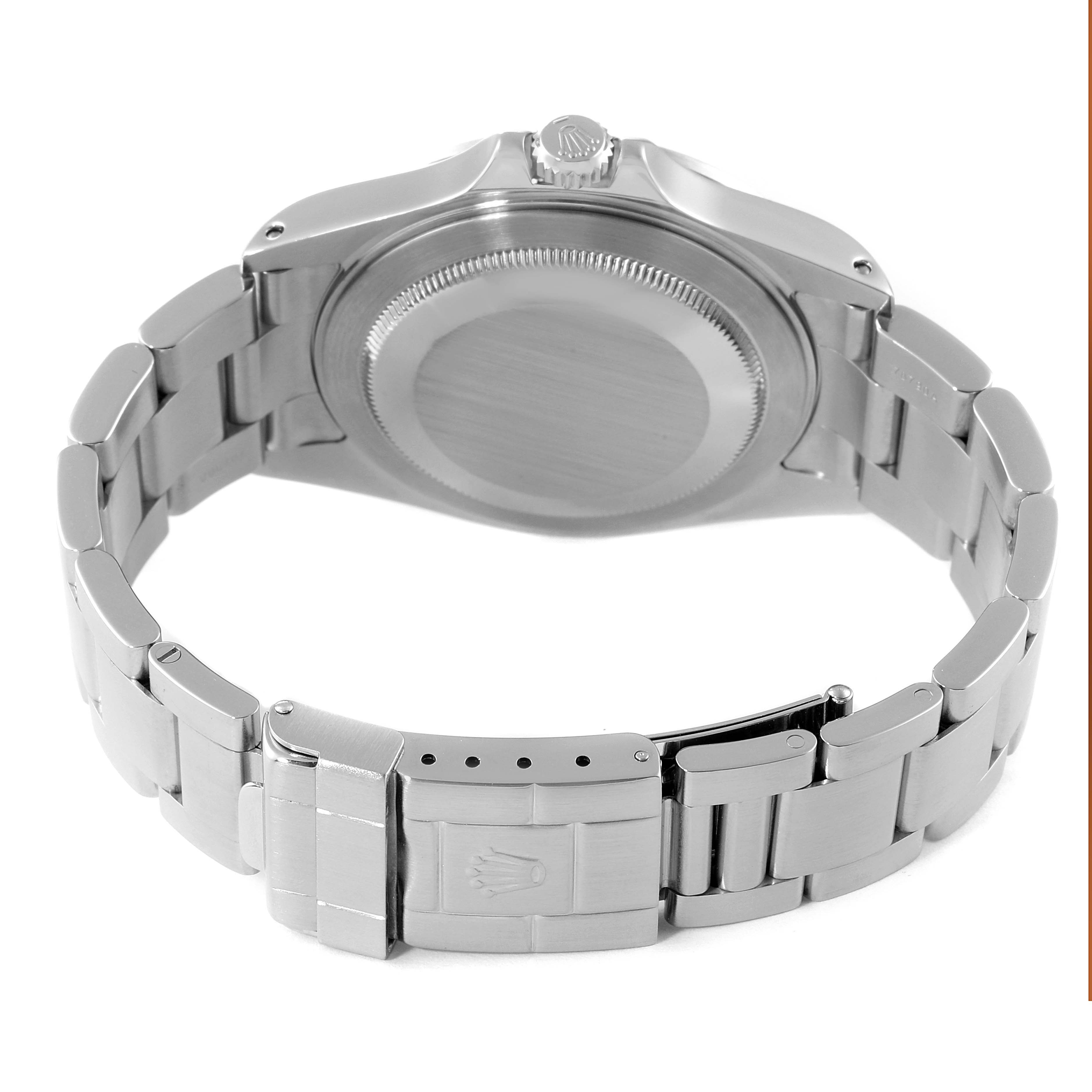 The image shows the back view of the Rolex Explorer 16570 Men
s Stainless Steel Black Dial 16570 Men
s Stainless Steel Black Dial watch, highlighting its case back and metal bracelet.