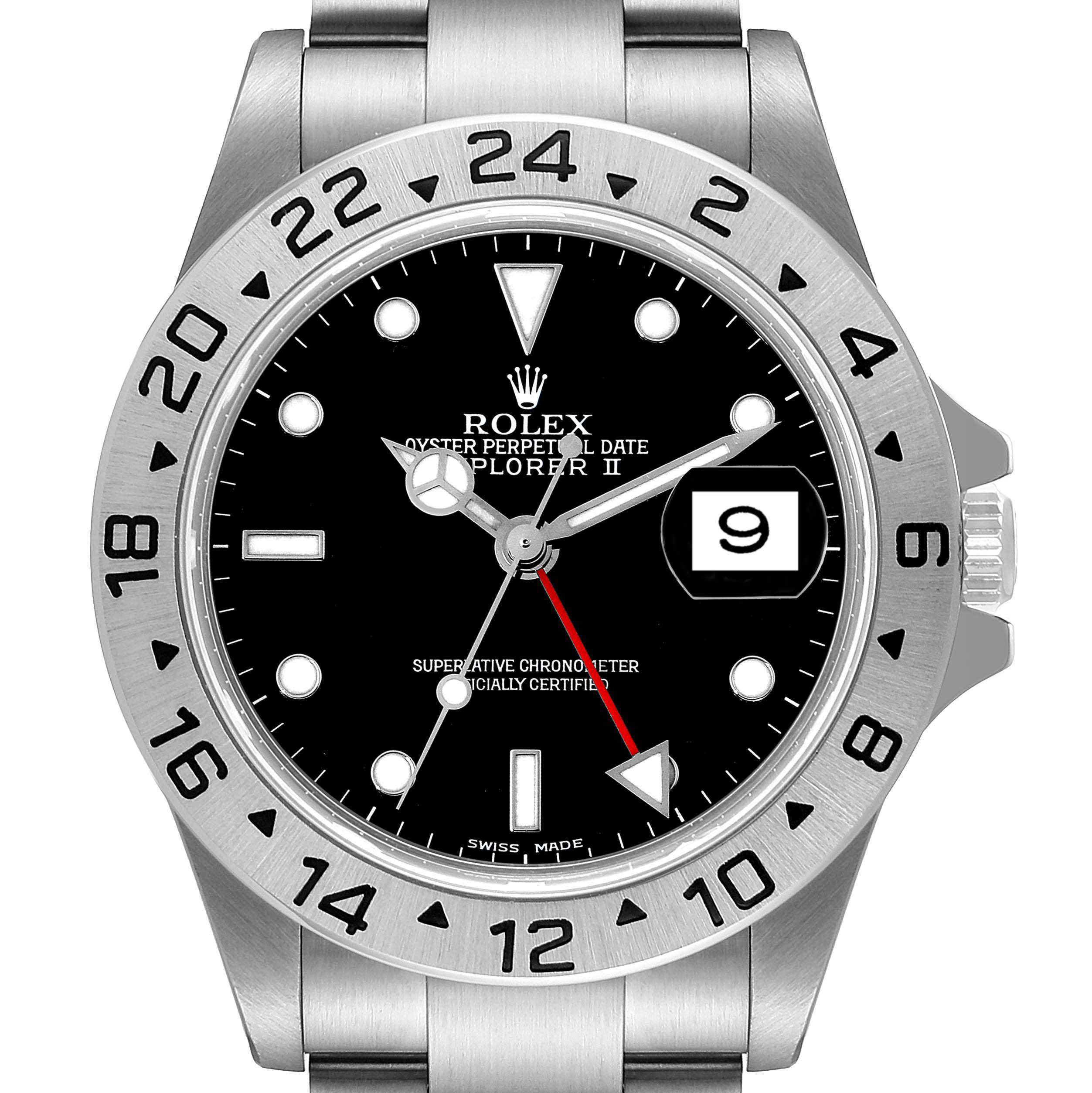 The image shows a Rolex Explorer 16570 Men
s Stainless Steel Black Dial 16570 Men
s Stainless Steel Black Dial watch from a front angle, highlighting its dial, bezel, and bracelet.