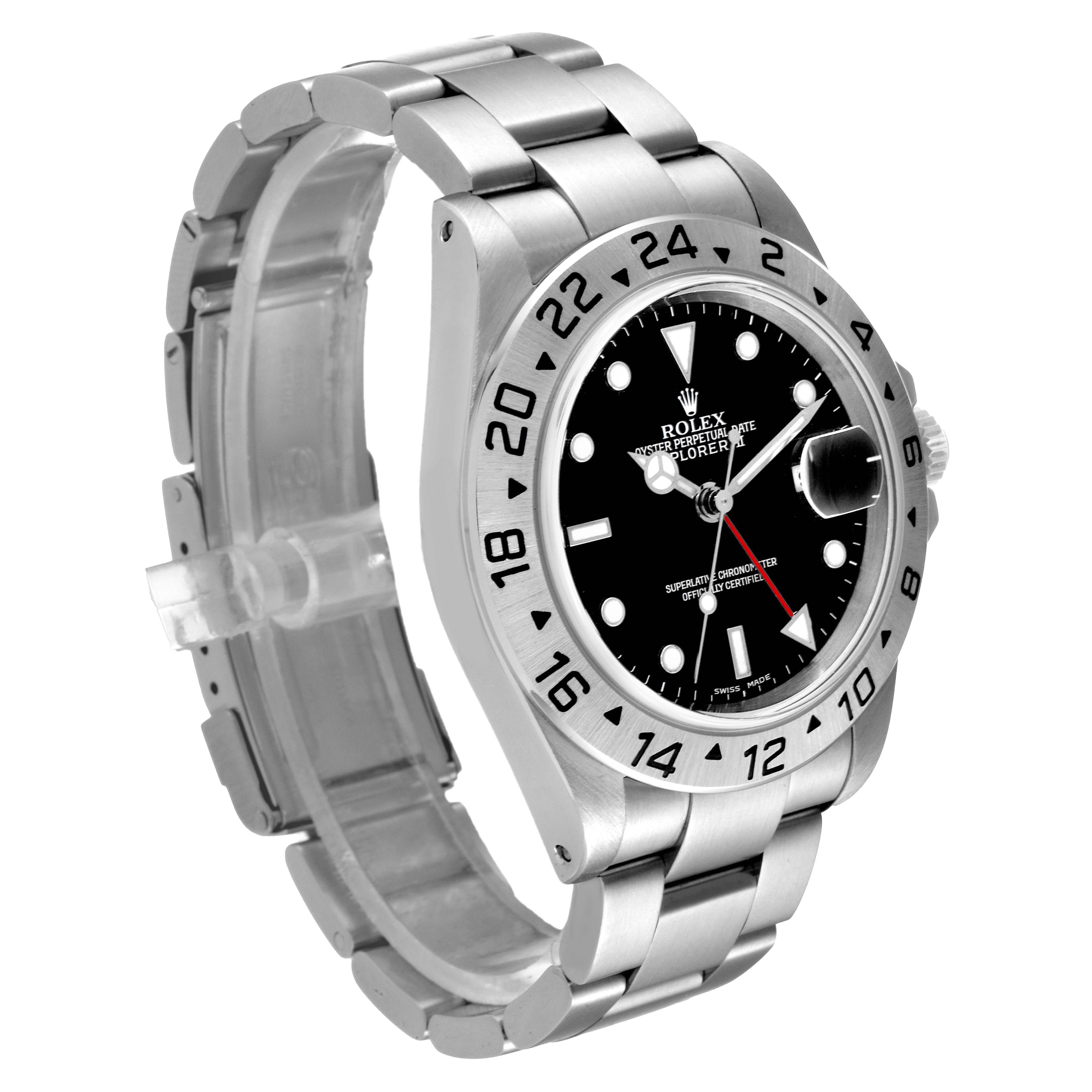 The image shows a side angle of the Rolex Explorer 16570 Men
s Stainless Steel Black Dial 16570 Men
s Stainless Steel Black Dial watch, highlighting its dial, bezel, and metal bracelet.