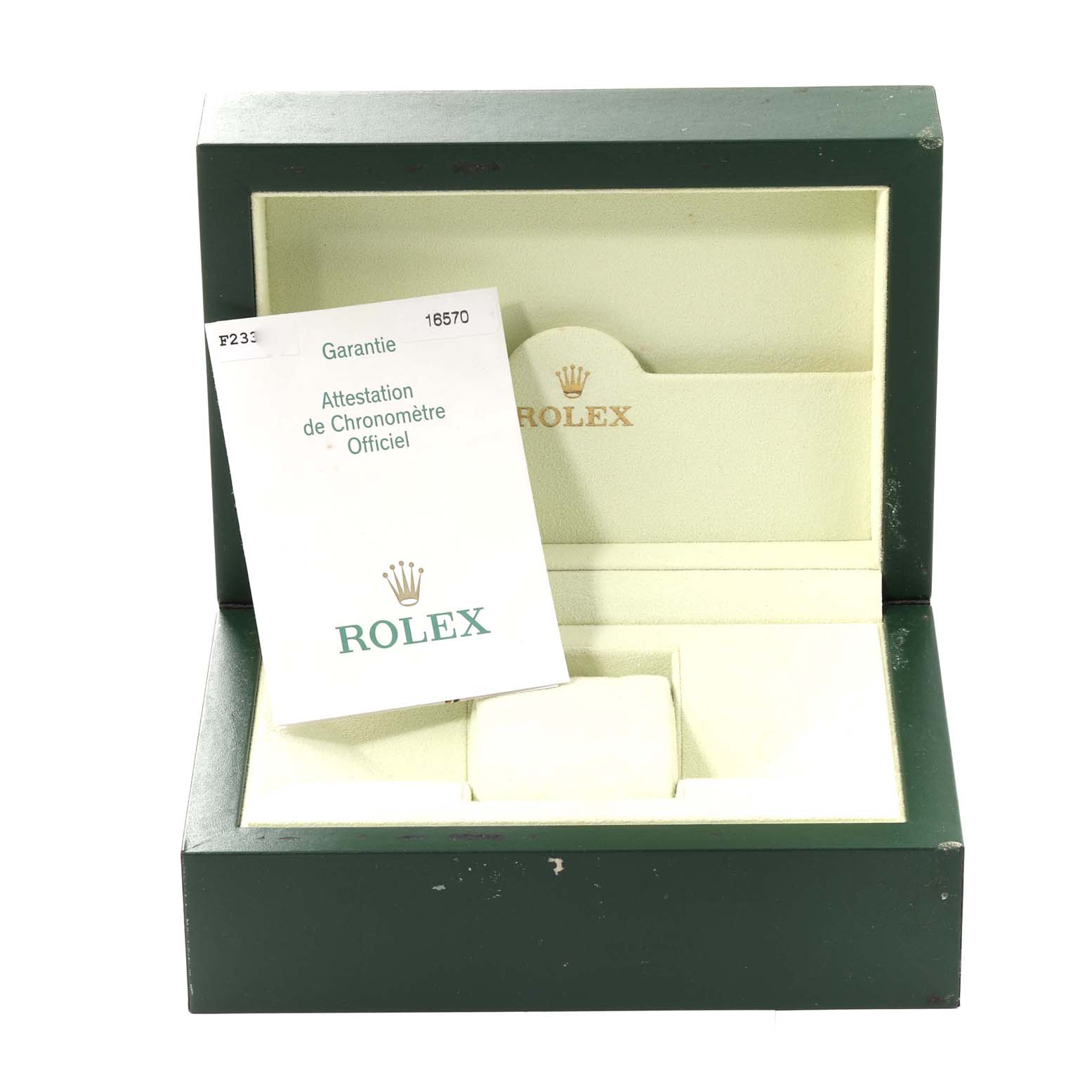 The image shows the open box and warranty booklet for a Rolex Explorer 16570 Men
s Stainless Steel Black Dial 16570 Men
s Stainless Steel Black Dial model watch.