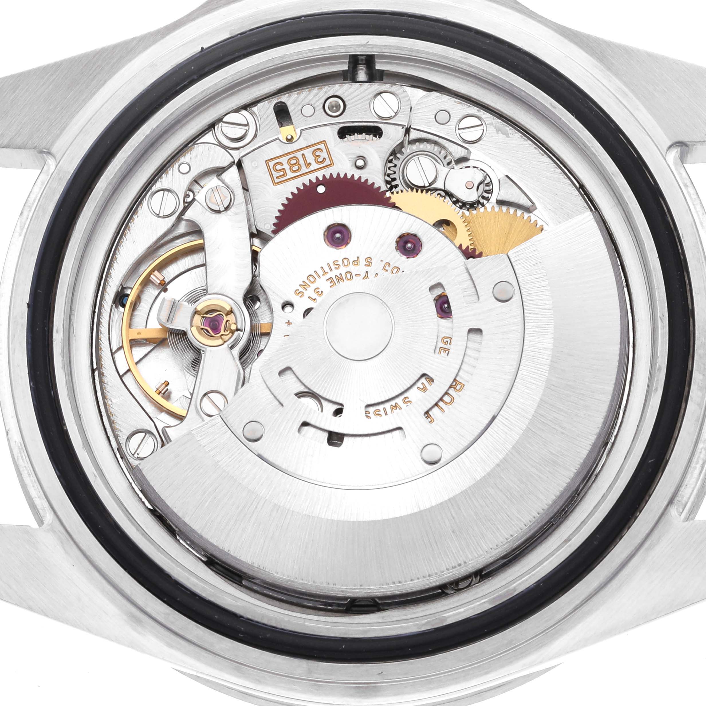 This image shows a detailed view of the movement from the back of a Rolex Explorer 16570 Men
s Stainless Steel Black Dial 16570 Men
s Stainless Steel Black Dial watch.