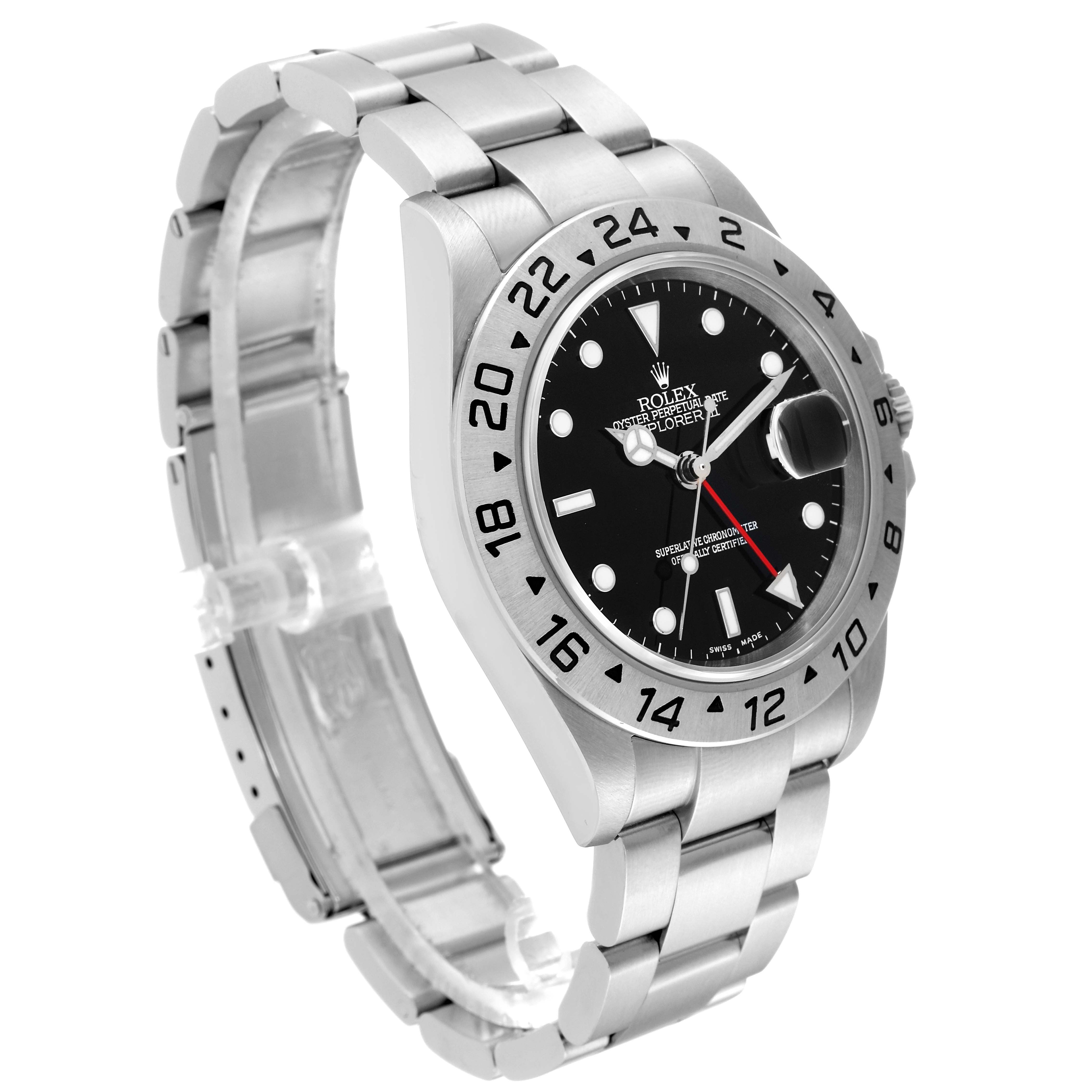 The Rolex Explorer 16570 Men
s Stainless Steel Black Dial 16570 Men
s Stainless Steel Black Dial watch is shown at an angle displaying the face, bezel, crown, and part of the stainless steel bracelet.