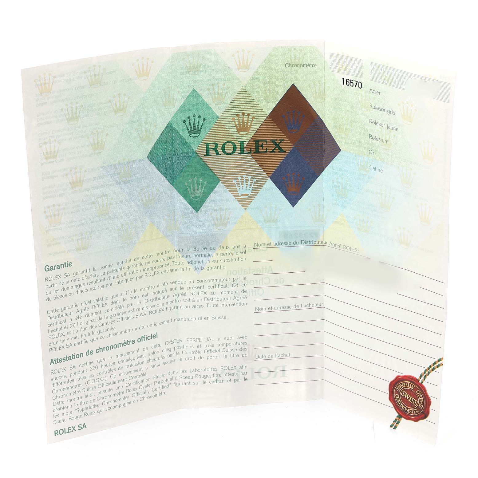 The image shows a guarantee and certification card for the Rolex Explorer 16570 Men
s Stainless Steel Black Dial 16570 Men
s Stainless Steel Black Dial model.