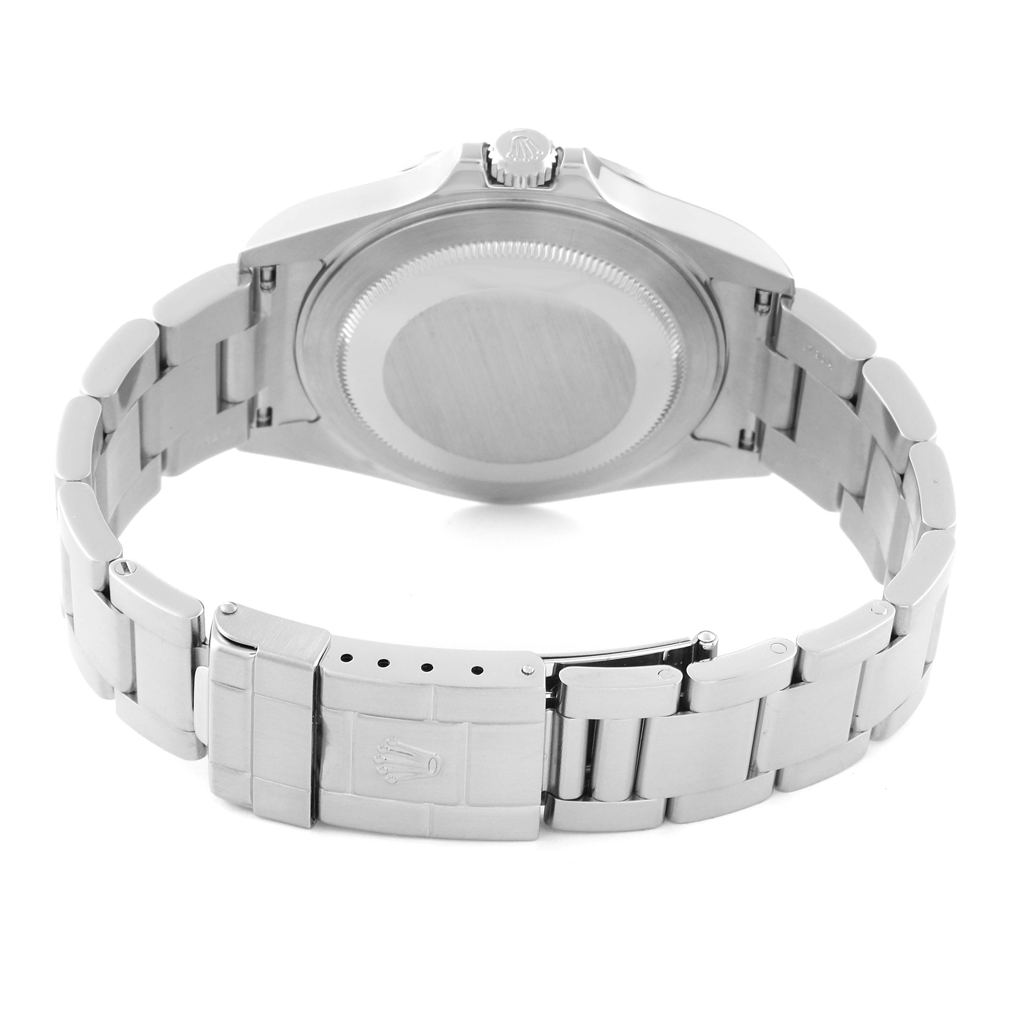 The image shows the back view of a Rolex Explorer 16570 Men
s Stainless Steel Black Dial 16570 Men
s Stainless Steel Black Dial watch, highlighting the case back and the metal bracelet with clasp.