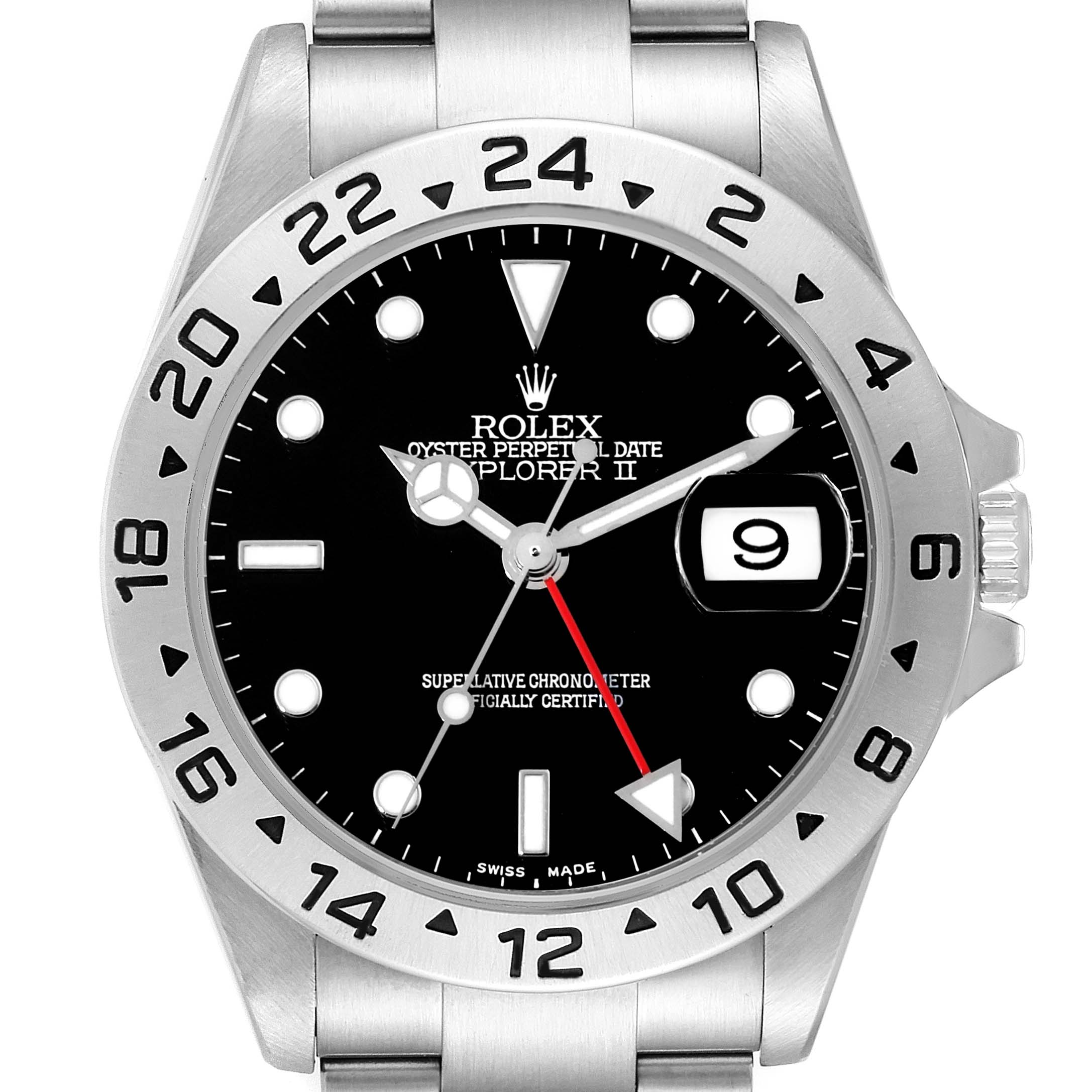 This is a front view of the Rolex Explorer 16570 Men
s Stainless Steel Black Dial 16570 Men
s Stainless Steel Black Dial watch, showing the dial, bezel, and part of the bracelet.