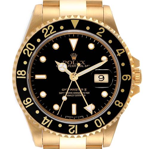 Photo of Rolex GMT Master 18K Yellow Gold Black Dial Mens Watch 16718 Box Service Card