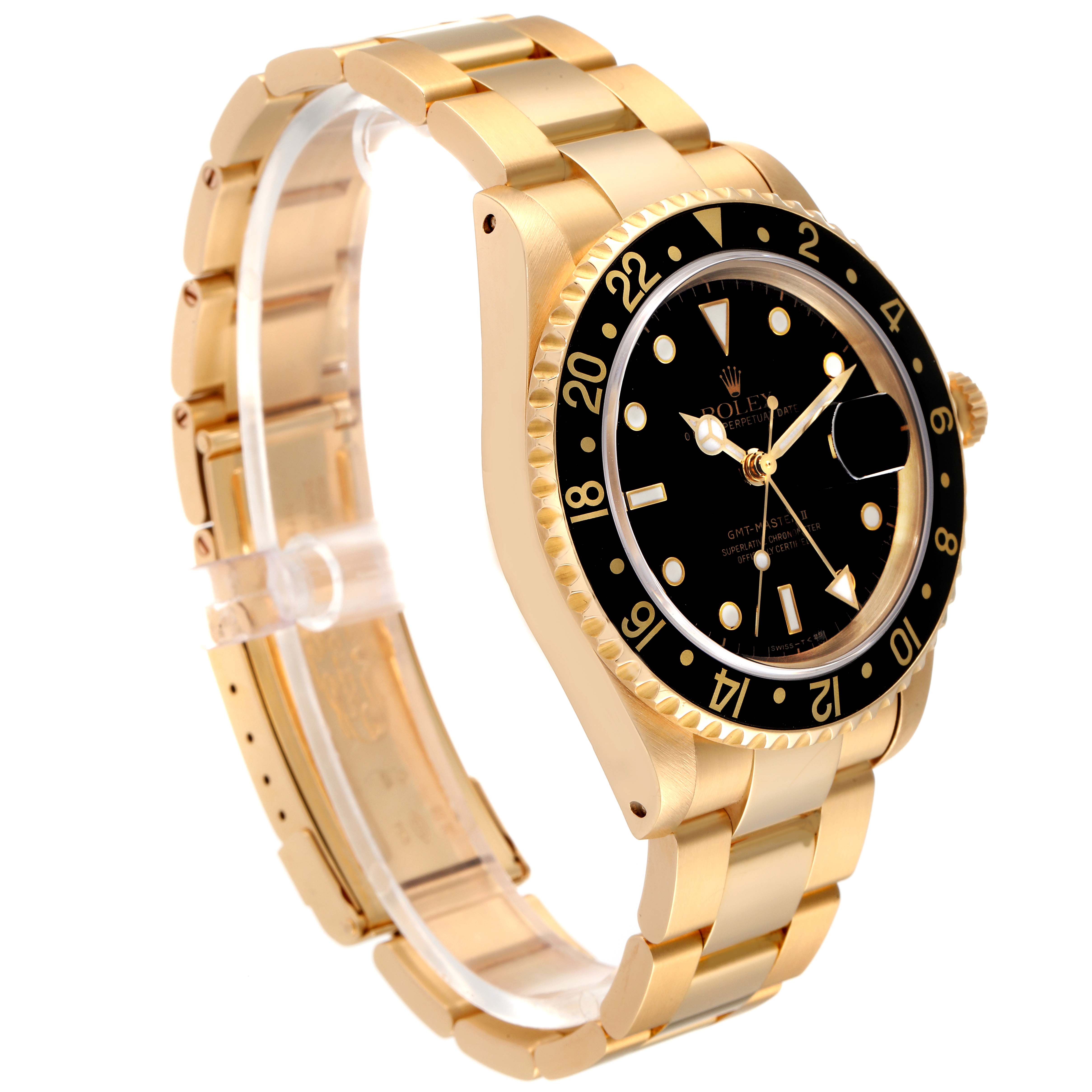 This image shows a side angle of a Rolex GMT-Master 16718 Men's Yellow Gold Black Dial 16718 Men's Yellow Gold Black Dial watch, highlighting its gold bracelet, black dial, and rotating bezel.