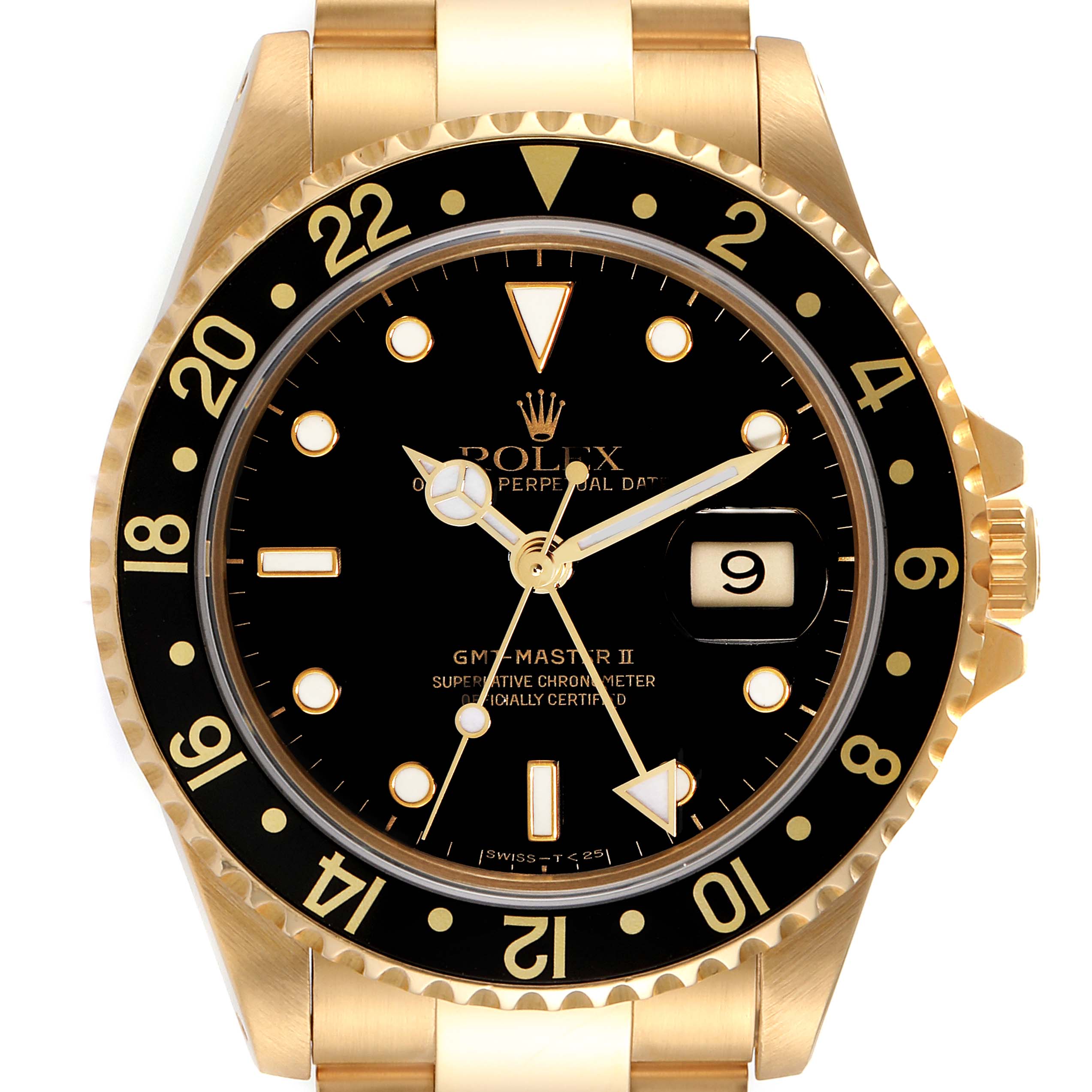 The Rolex GMT-Master 16718 Men's Yellow Gold Black Dial 16718 Men's Yellow Gold Black Dial II watch is shown from a front angle, highlighting its bezel, dial, and gold bracelet.