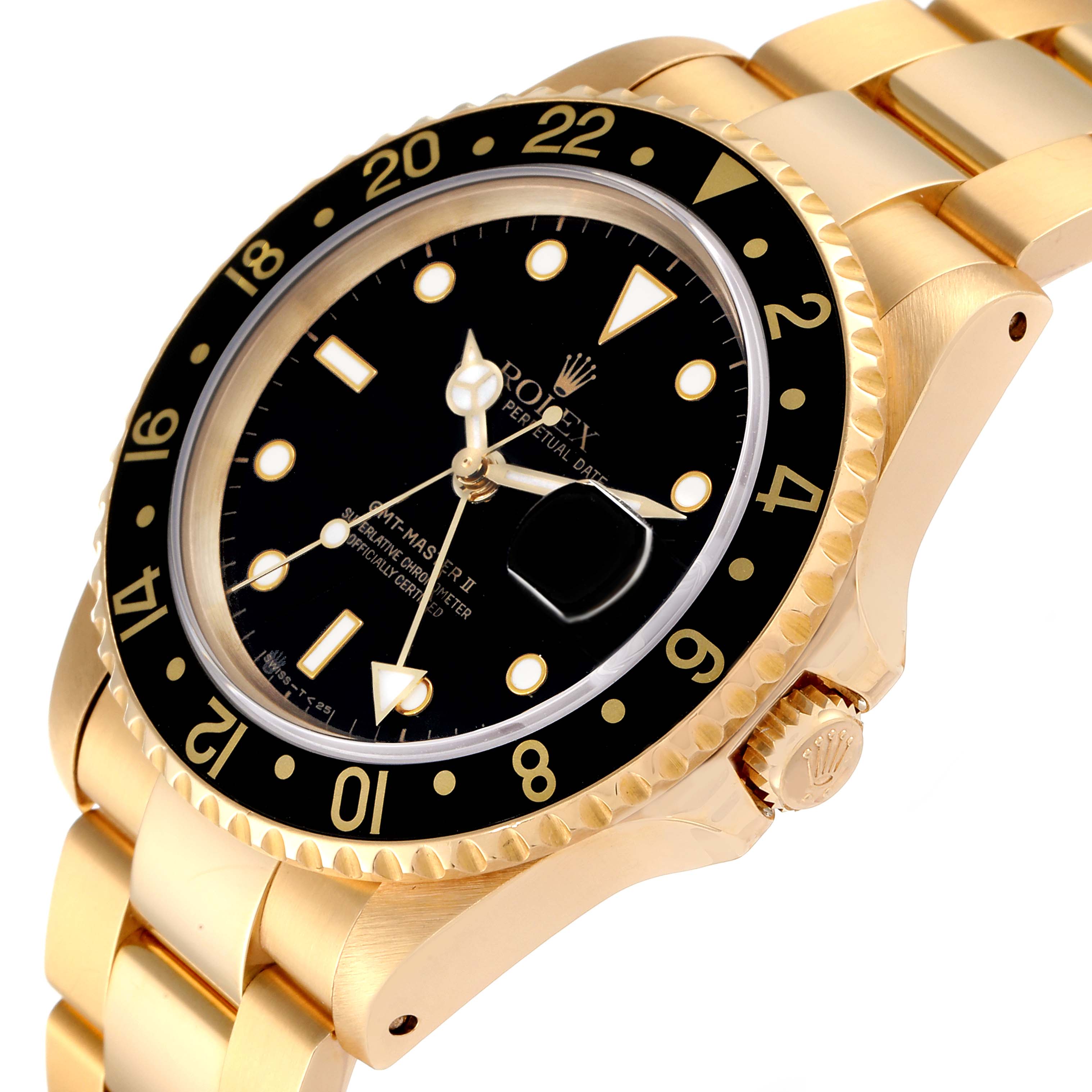 The Rolex GMT-Master 16718 Men's Yellow Gold Black Dial 16718 Men's Yellow Gold Black Dial watch is shown at a three-quarter angle displaying the bezel, dial, crown, and part of the bracelet.