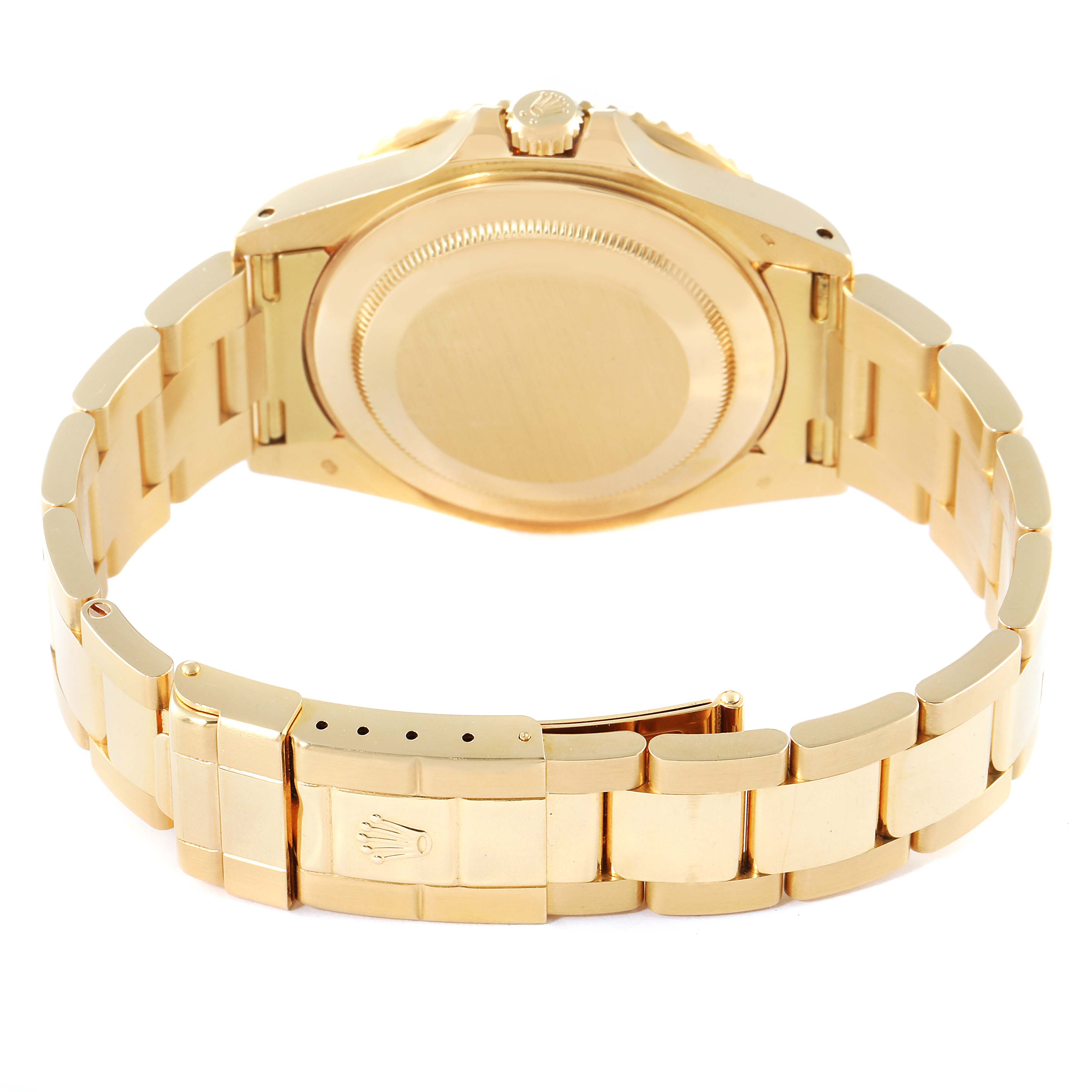 The image shows the back case and bracelet of a Rolex GMT-Master 16718 Men's Yellow Gold Black Dial 16718 Men's Yellow Gold Black Dial watch, viewed from the rear.