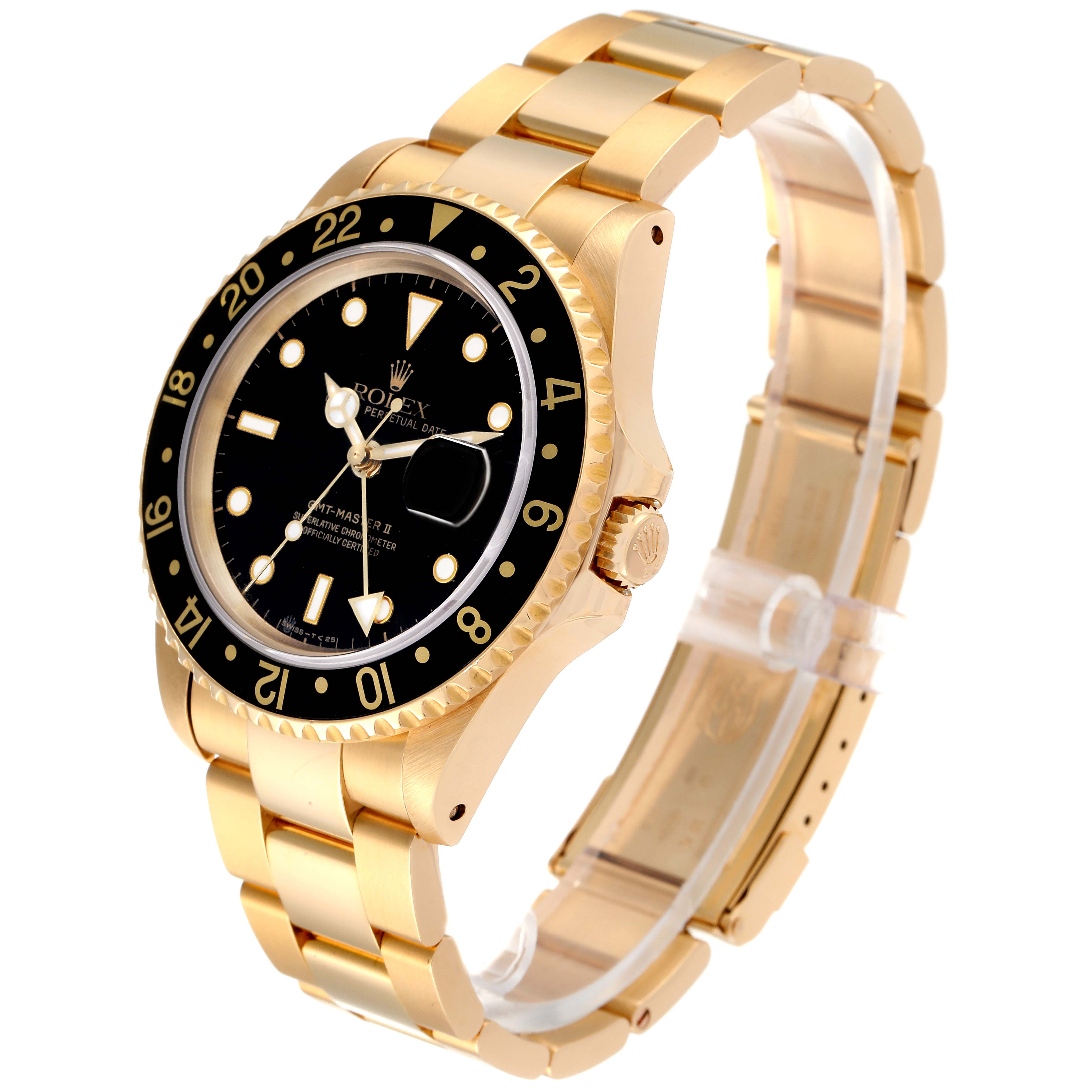 The Rolex GMT-Master 16718 Men's Yellow Gold Black Dial 16718 Men's Yellow Gold Black Dial watch is shown at an angled side view, displaying its gold bracelet, black bezel, and face.