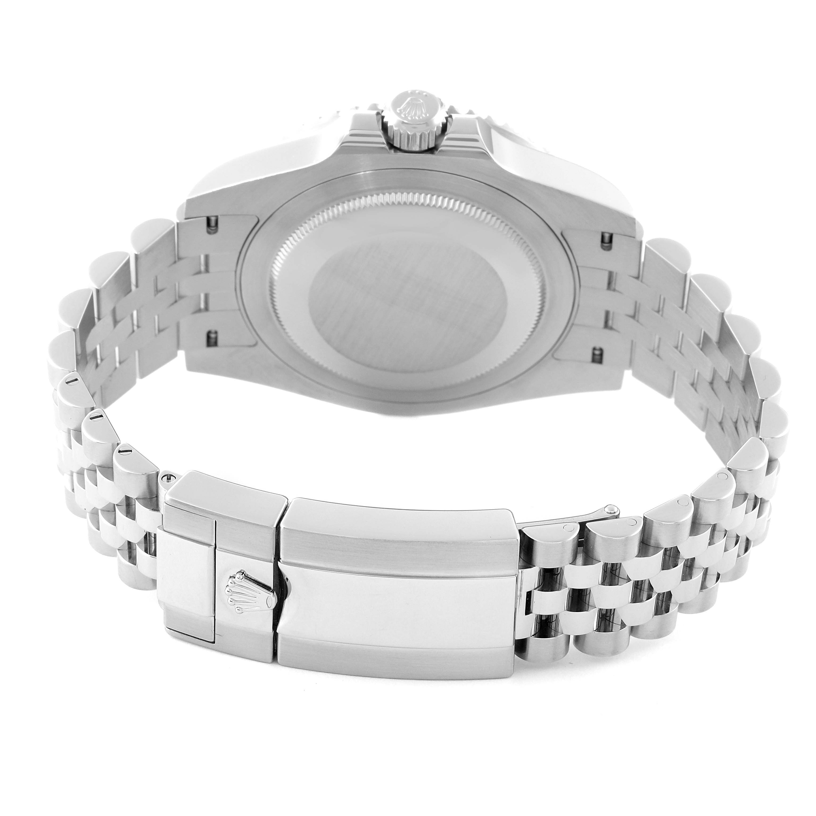 The image shows the backside of the Rolex GMT-Master 126710BLNR Men
s Stainless Steel Black Dial 126710BLNR Men
s Stainless Steel Black Dial watch, highlighting the case back and the jubilee bracelet with clasp.