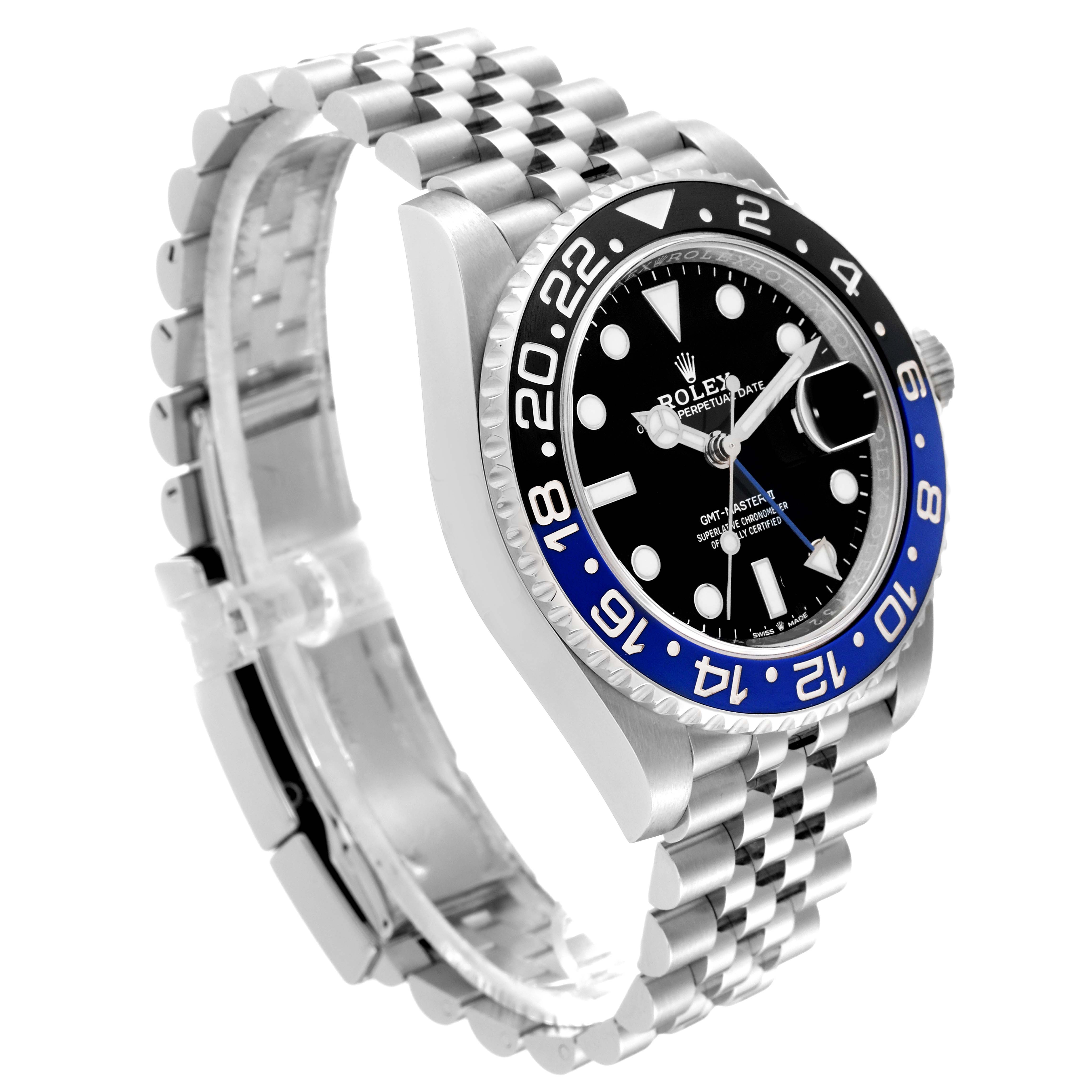 The image shows a side angle of a Rolex GMT-Master 126710BLNR Men
s Stainless Steel Black Dial 126710BLNR Men
s Stainless Steel Black Dial watch, highlighting the bezel, dial, and jubilee bracelet.
