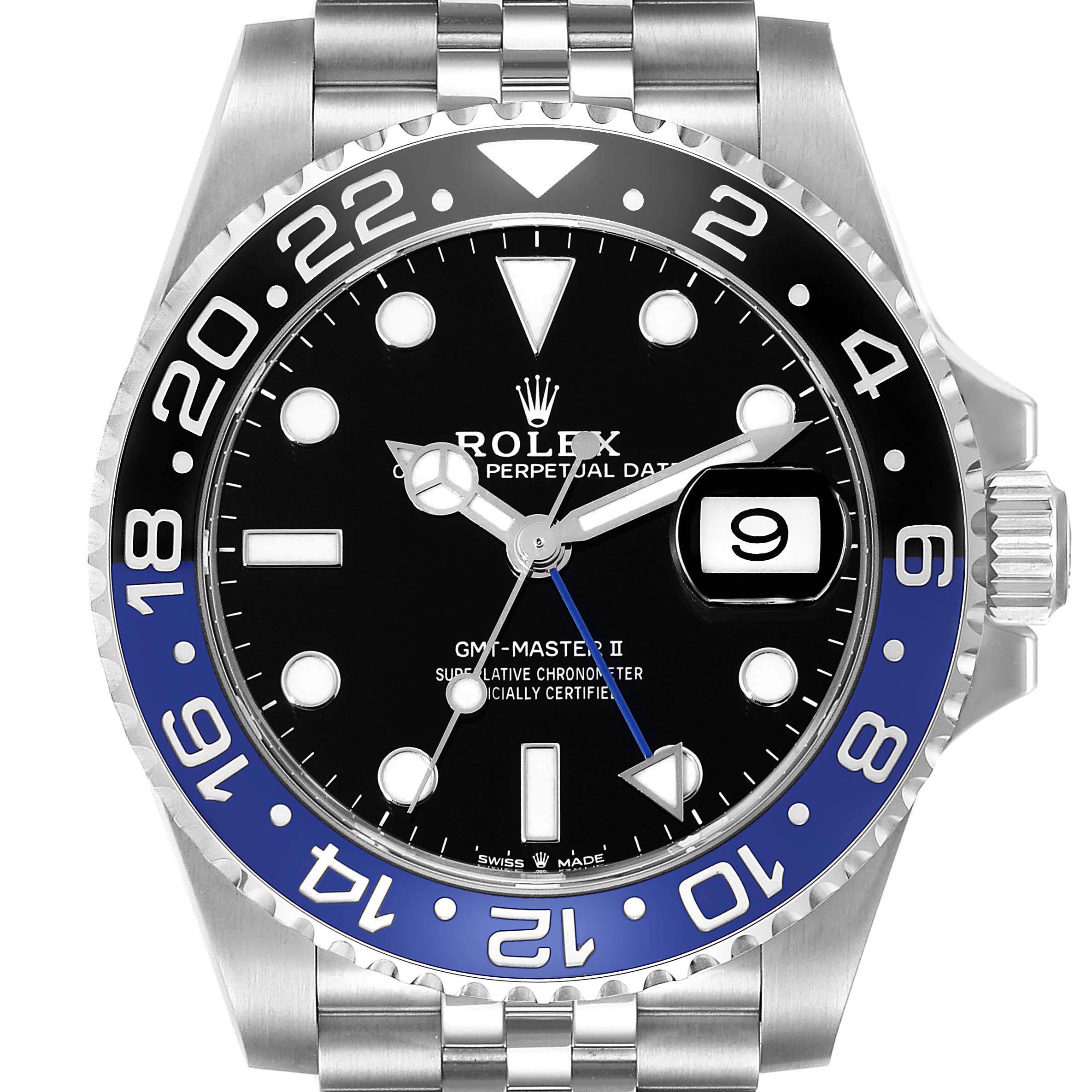 The image shows the front view of a Rolex GMT-Master 126710BLNR Men
s Stainless Steel Black Dial 126710BLNR Men
s Stainless Steel Black Dial II watch, highlighting the dial, bezel, bracelet, and cyclops date.