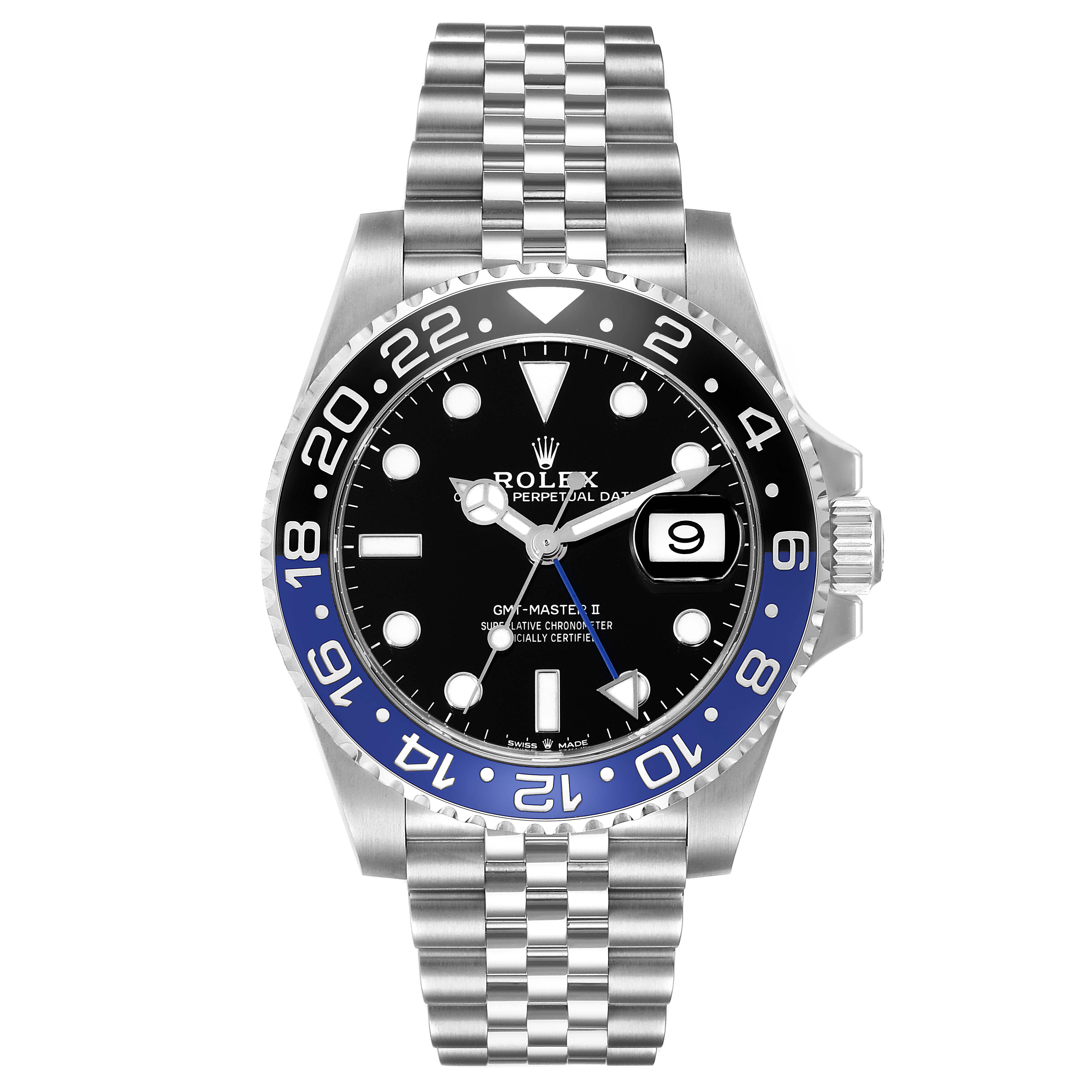 This image shows a front view of the Rolex GMT-Master 126710BLNR Men
s Stainless Steel Black Dial 126710BLNR Men
s Stainless Steel Black Dial watch, highlighting its bezel, dial, and jubilee bracelet.