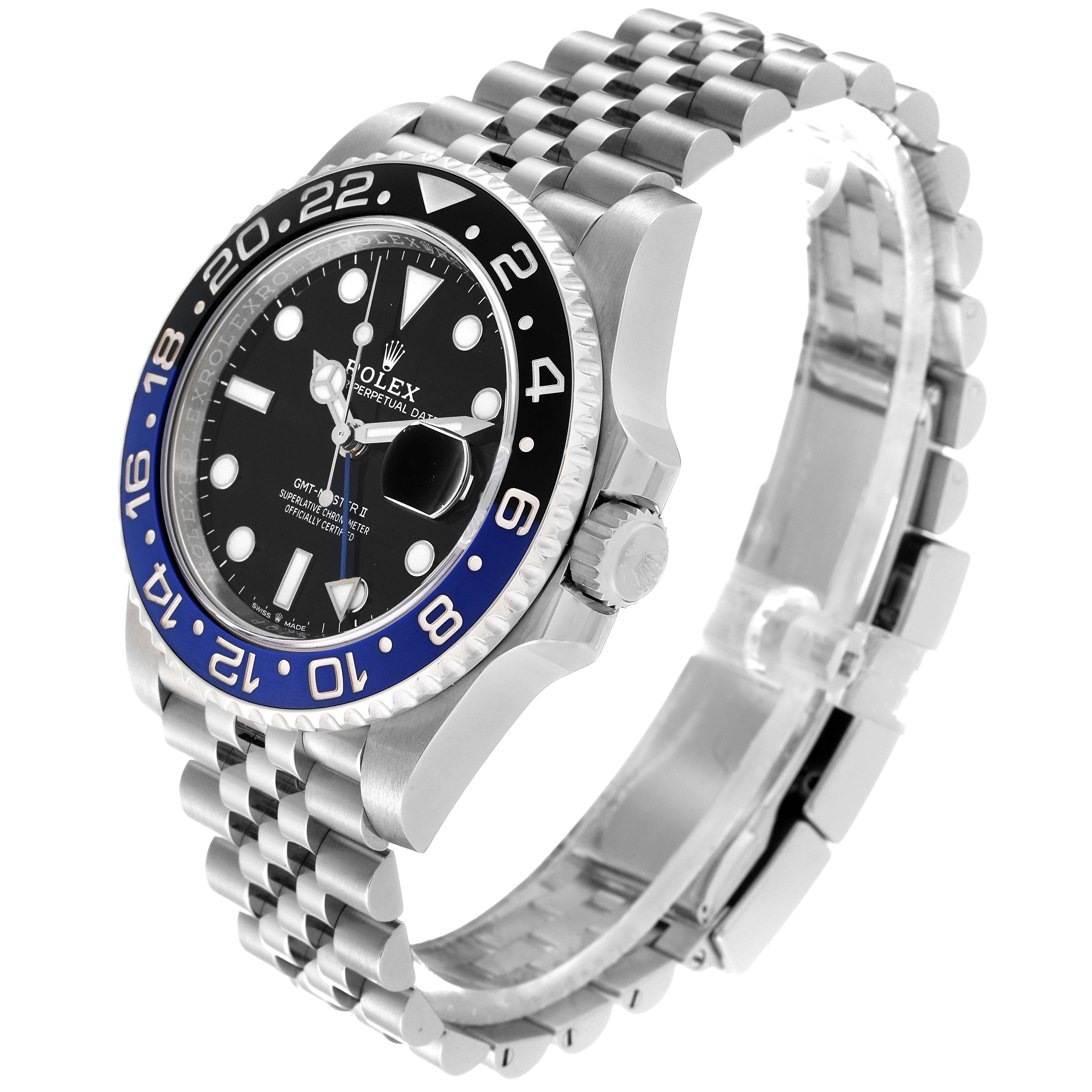 The image shows a Rolex GMT-Master 126710BLNR Men
s Stainless Steel Black Dial 126710BLNR Men
s Stainless Steel Black Dial watch angled to display the face, bezel, and part of the bracelet.
