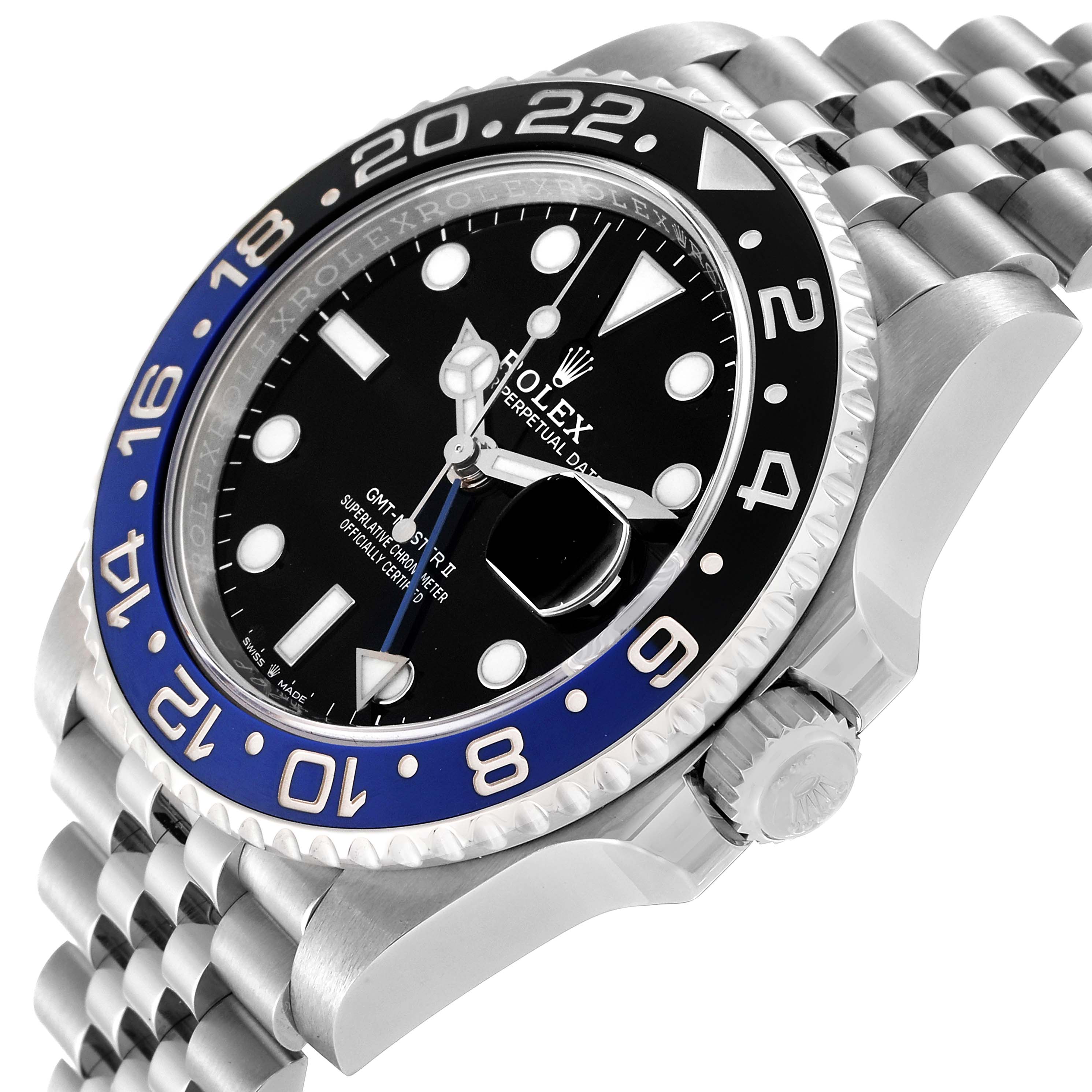 This image shows a close-up of the Rolex GMT-Master 126710BLNR Men
s Stainless Steel Black Dial 126710BLNR Men
s Stainless Steel Black Dial with a black and blue bezel, partial dial, and part of the bracelet from a slight angle.